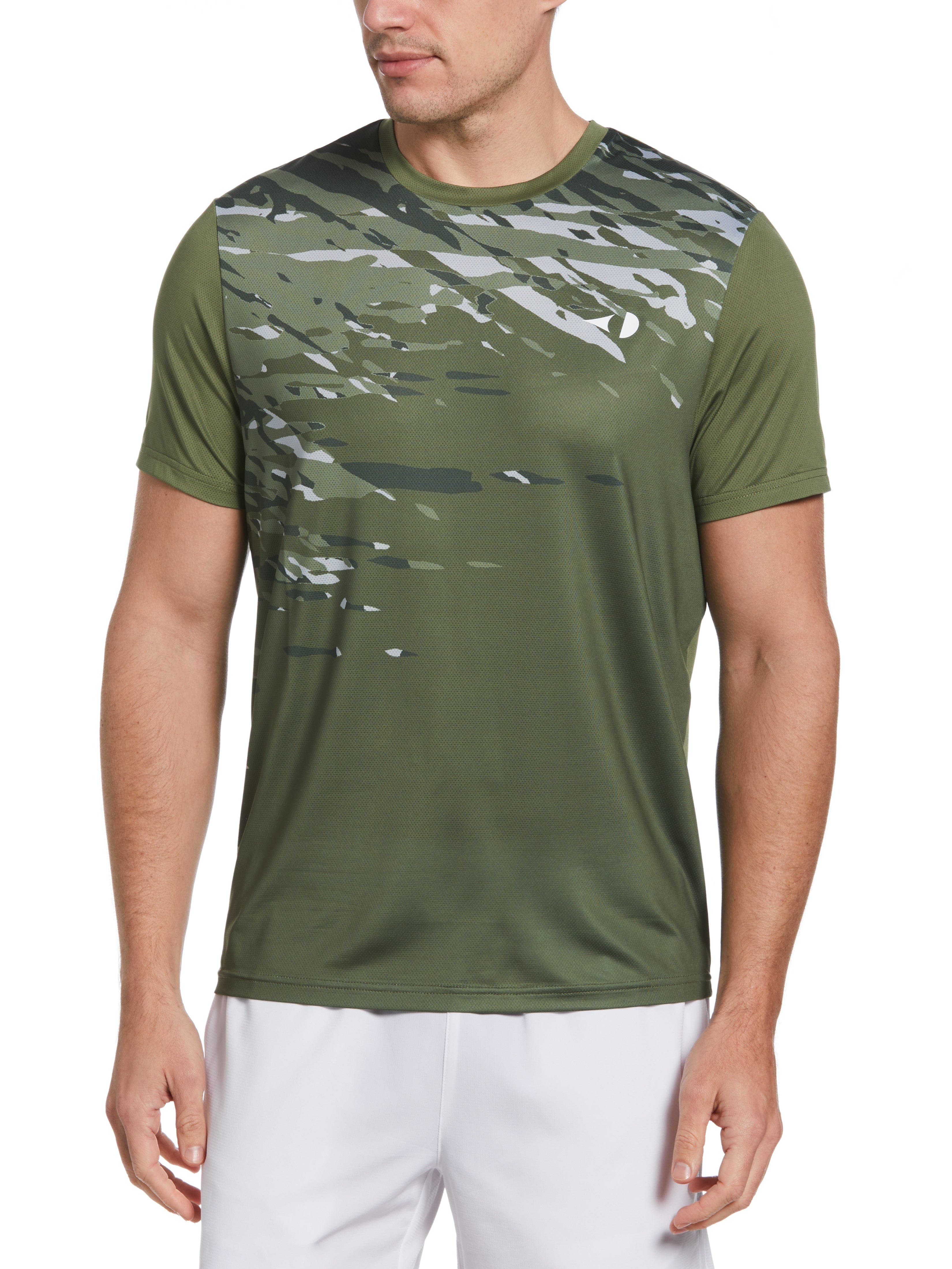 Grand Slam Mens Asymmetric Camo Print Tennis T-Shirt, Size Medium, Olivine Green, Polyester/Spandex | Golf Apparel Shop