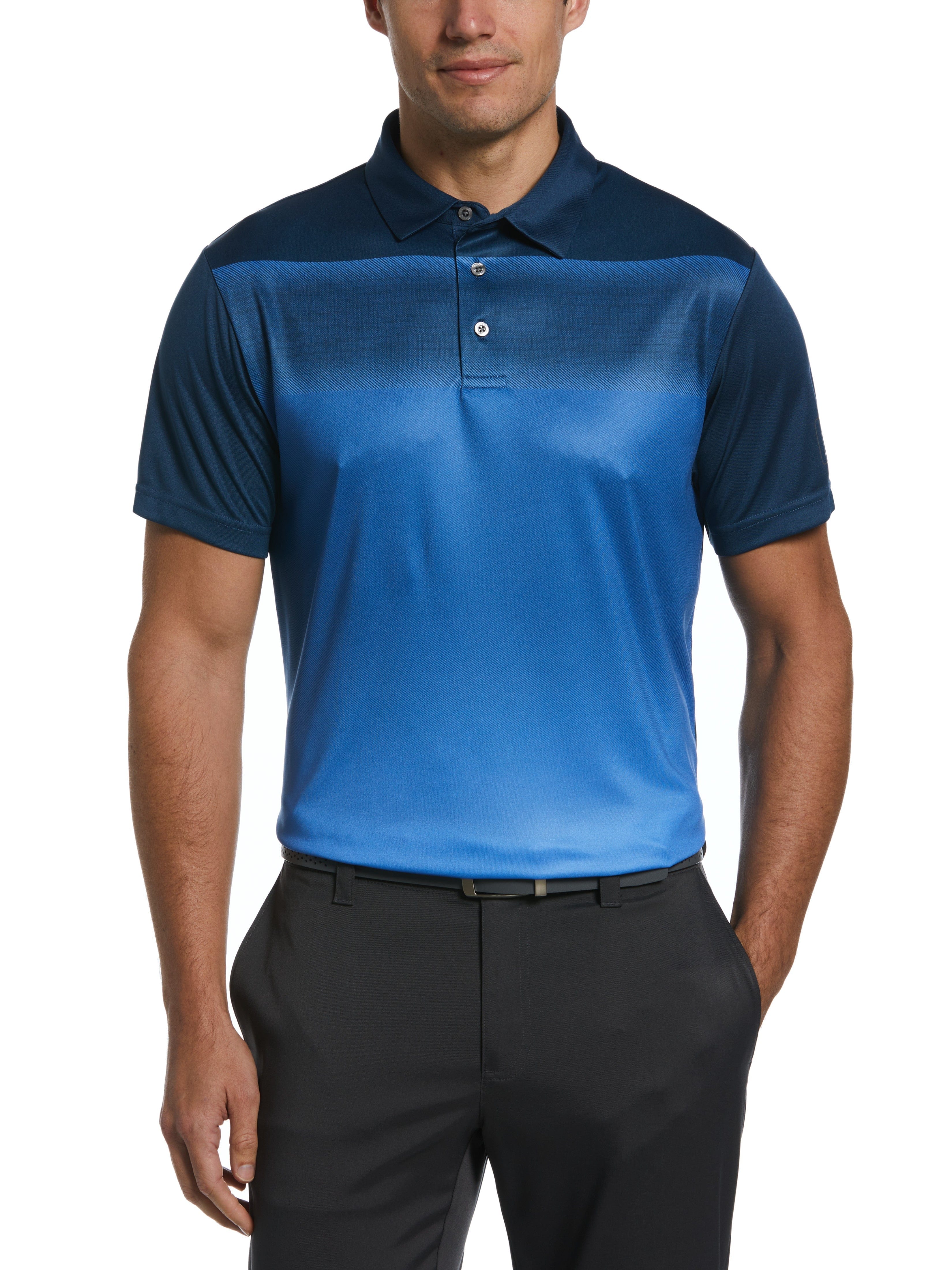 PGA TOUR Apparel Mens Blocked Print Golf Polo Shirt, Size Medium, Poseidon Blue, 100% Polyester | Golf Apparel Shop