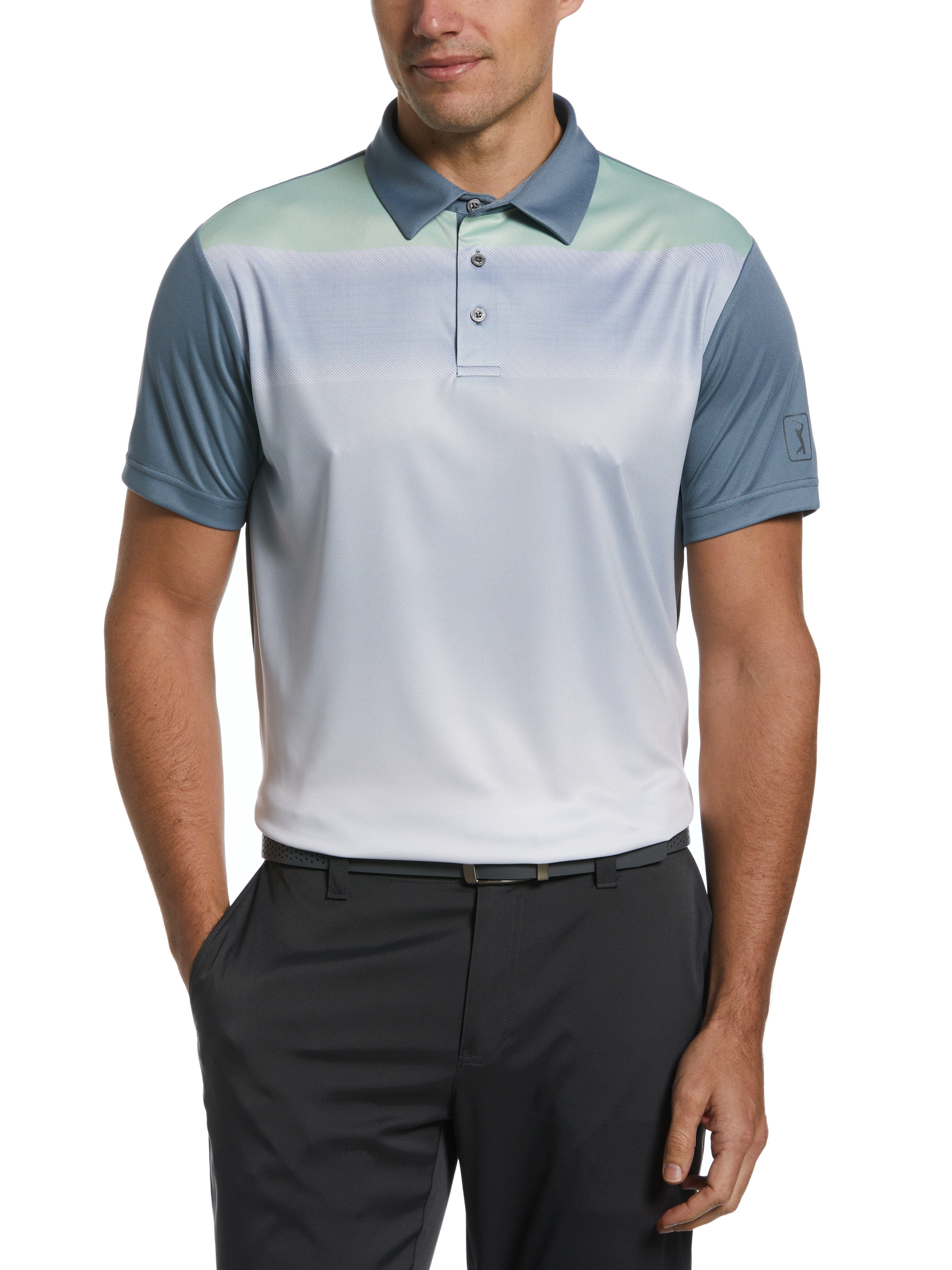 PGA TOUR Apparel Mens Blocked Print Golf Polo Shirt, Size 3XL, Tradewinds Gray, 100% Polyester | Golf Apparel Shop