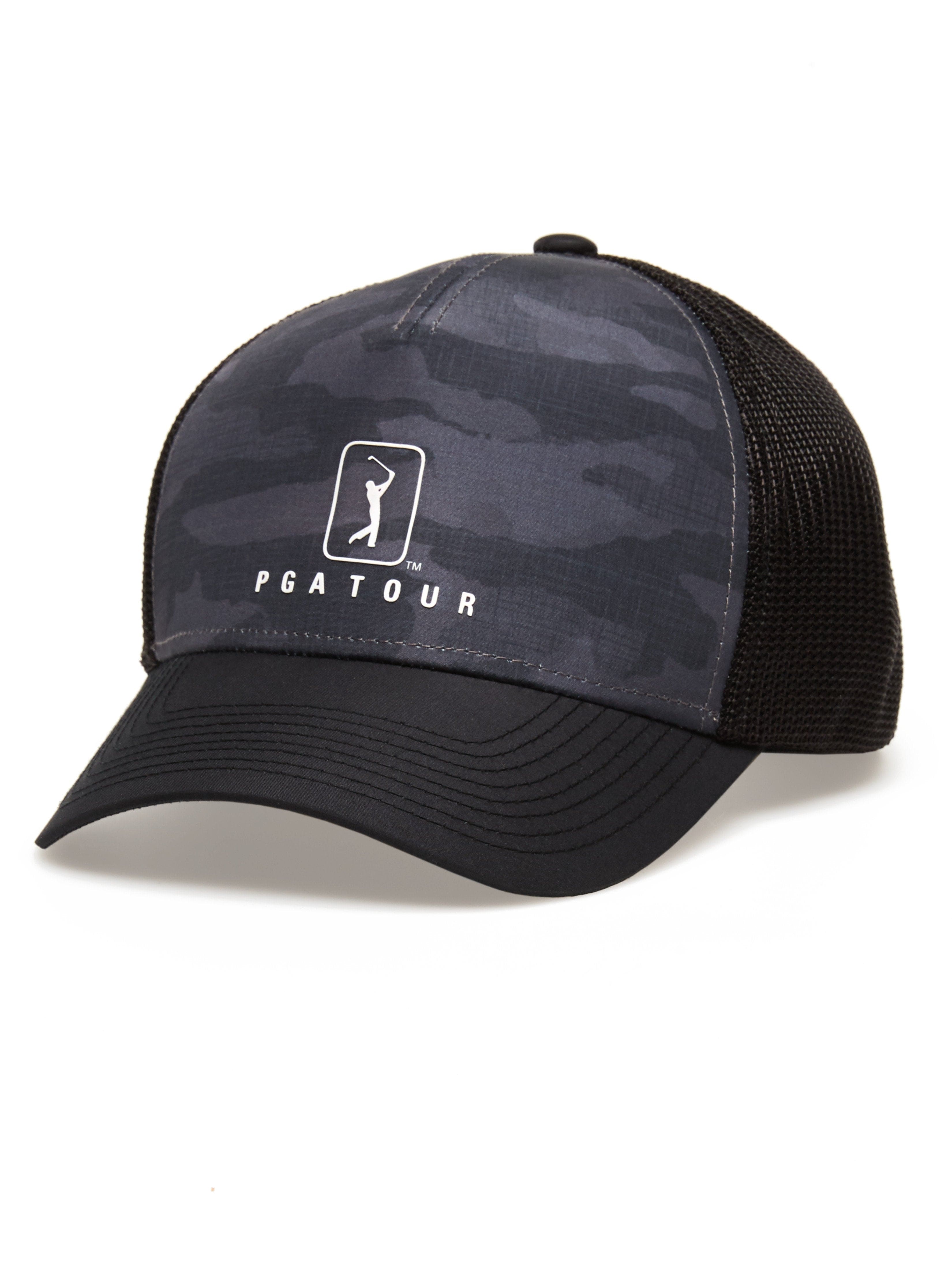 PGA TOUR Apparel Mens Camo Trucker Hat, Black, 100% Polyester | Golf Apparel Shop