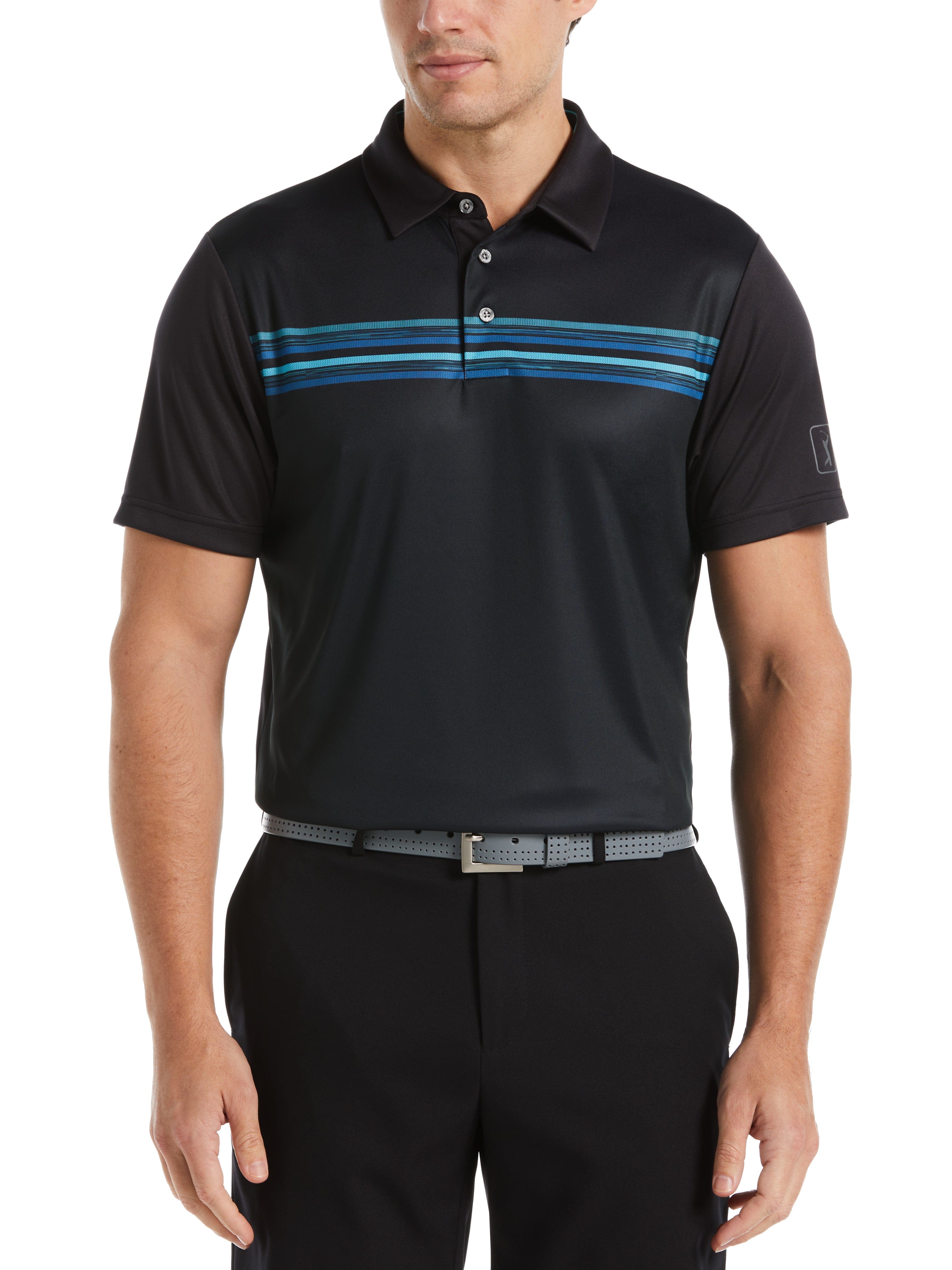 PGA TOUR Apparel Mens Chest Stripe Golf Polo Shirt, Size 2XL, Black, 100% Polyester | Golf Apparel Shop