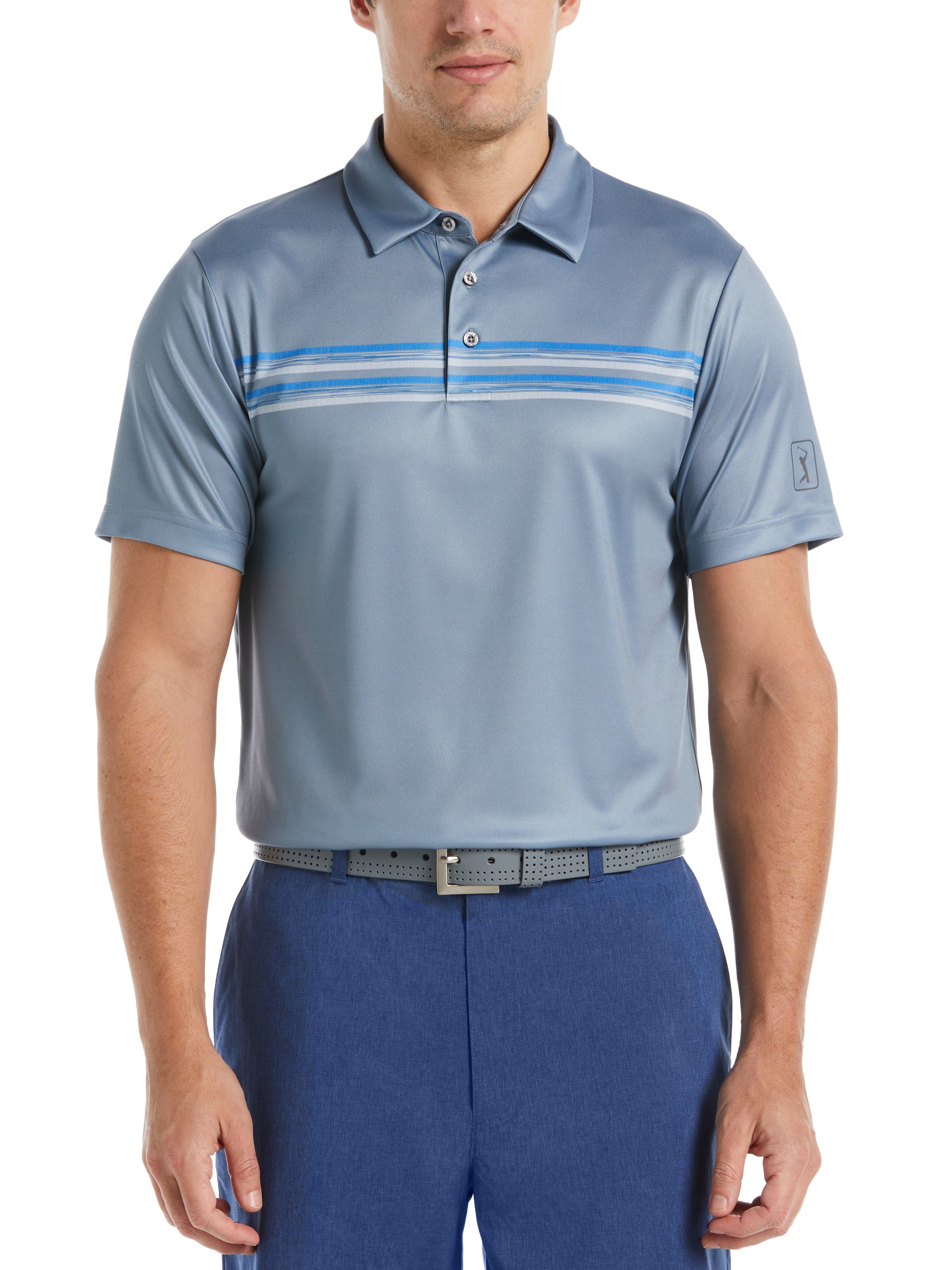 PGA TOUR Apparel Mens Chest Stripe Golf Polo Shirt, Size Large, Tradewinds Gray, 100% Polyester | Golf Apparel Shop