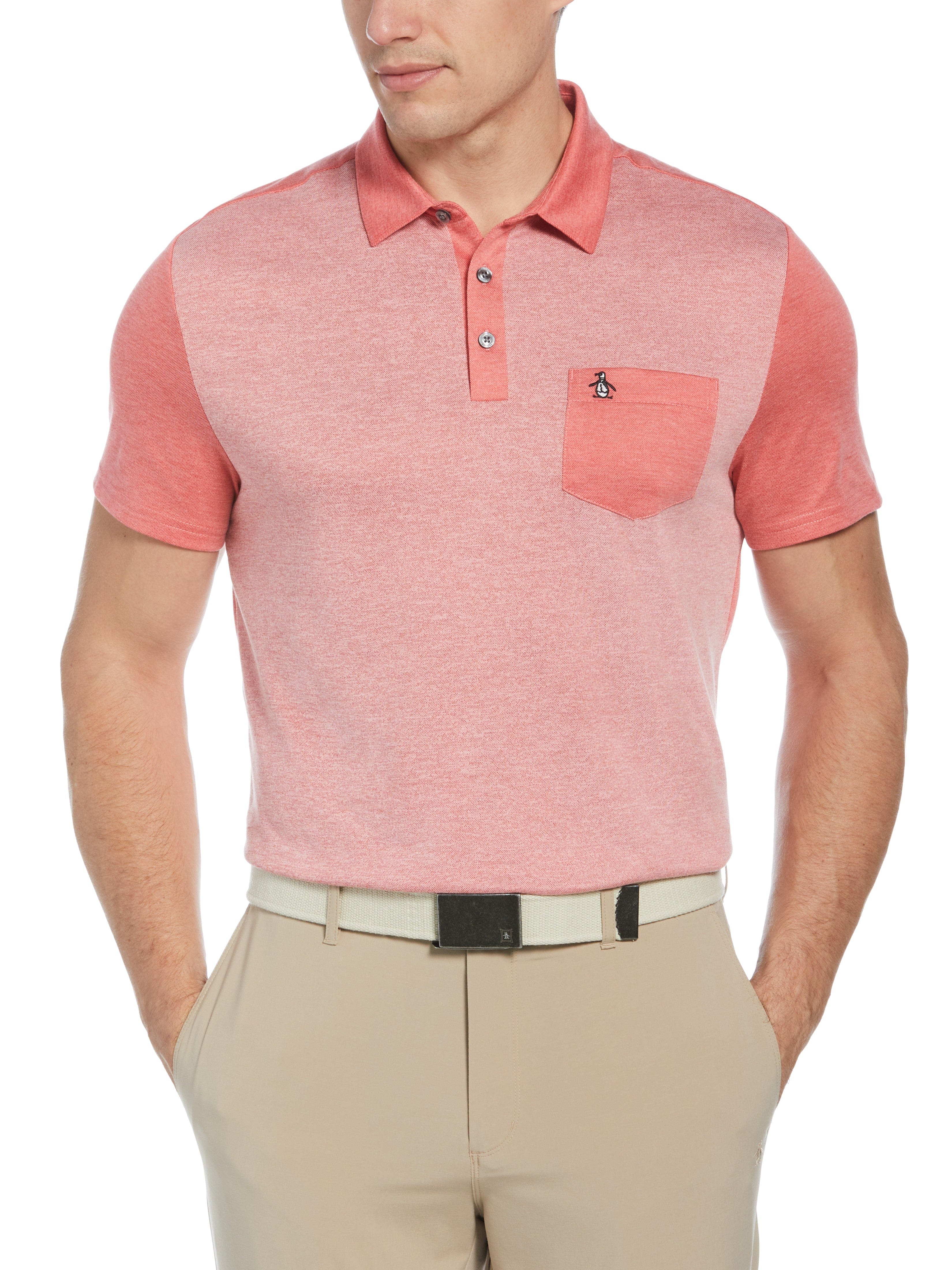 Original Penguin Mens Color Block Golf Polo Shirt, Size Medium, Bittersweet Red, Polyester/Recycled Polyester/Cotton | Golf Apparel Shop
