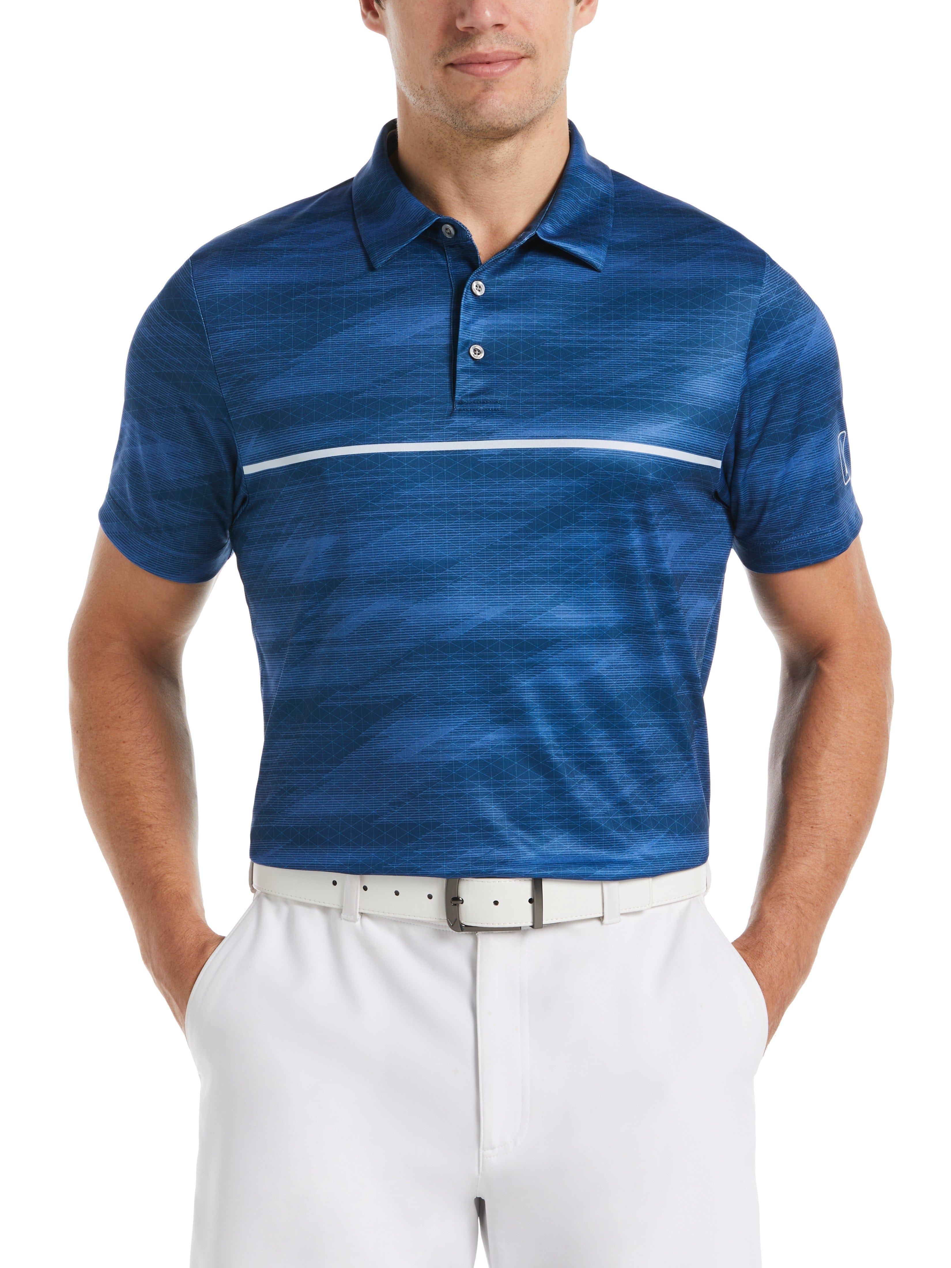 PGA TOUR Apparel Mens Digitized Chest Stripe Print Golf Polo Shirt, Size XL, Poseidon Blue, 100% Polyester | Golf Apparel Shop