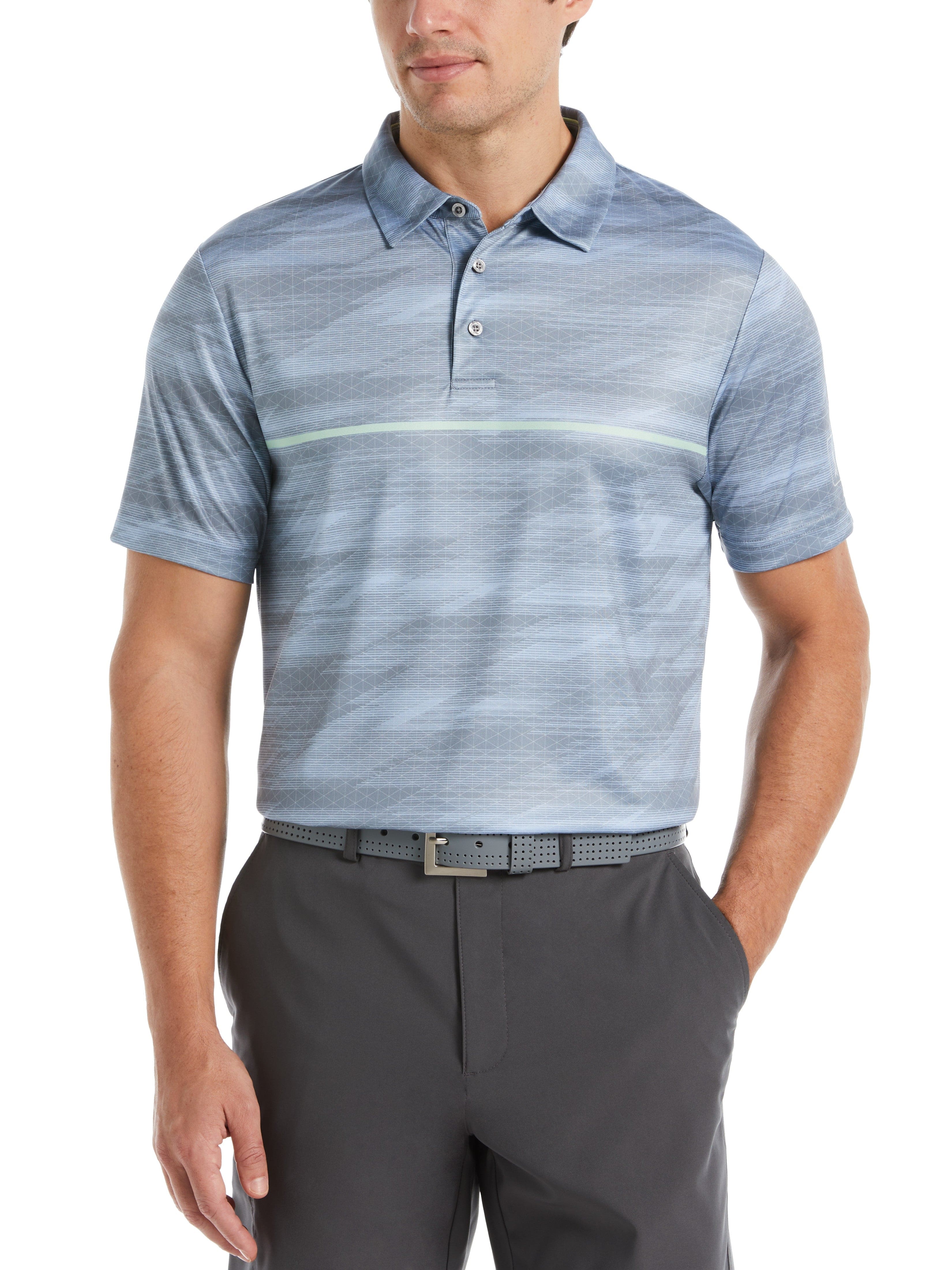 PGA TOUR Apparel Mens Digitized Chest Stripe Print Golf Polo Shirt, Size Medium, Tradewinds Gray, 100% Polyester | Golf Apparel Shop
