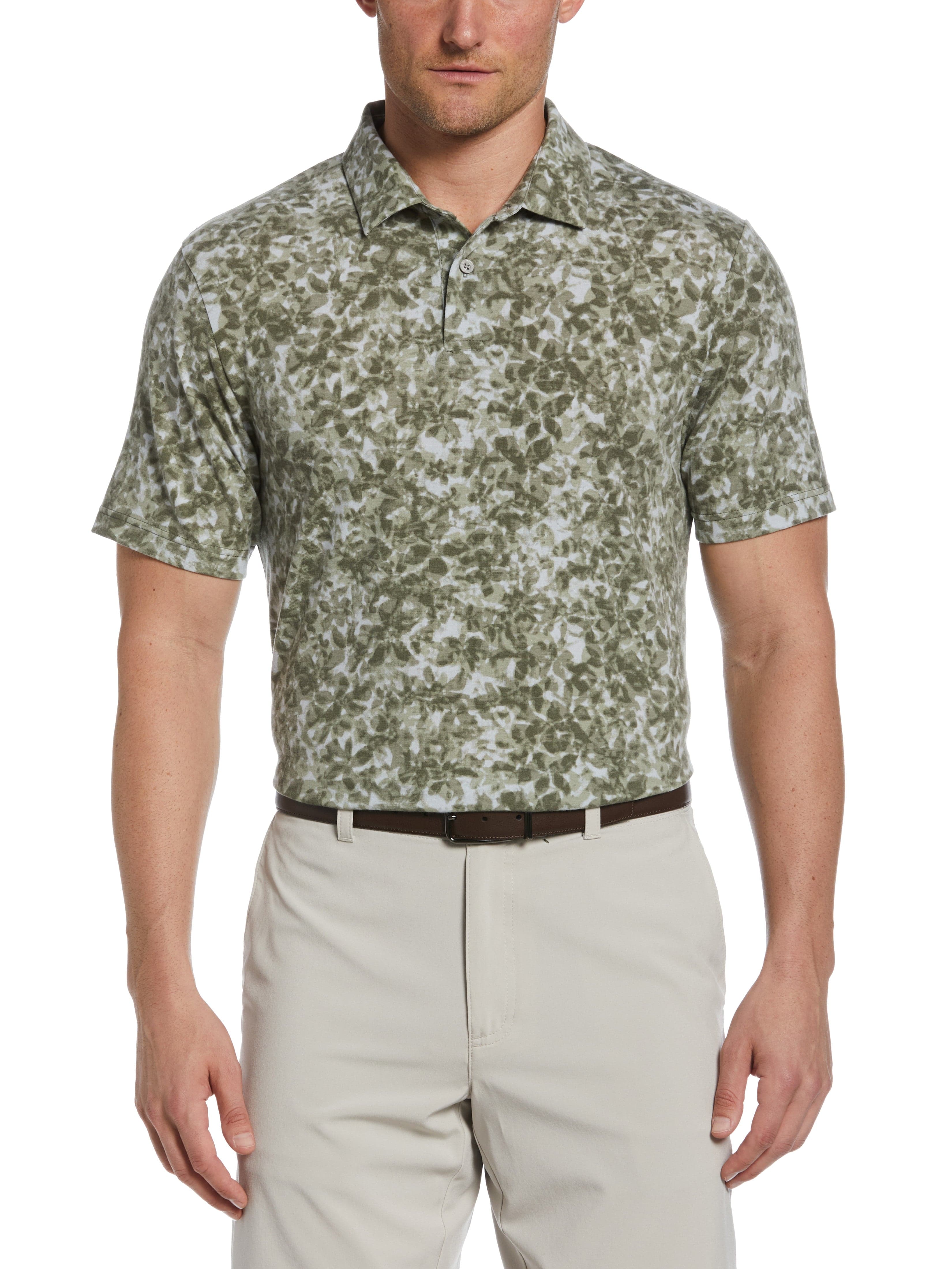 PGA TOUR Apparel Mens Distorted Floral Camo Print Golf Polo Shirt, Size Medium, Industrial Green, Polyester/Recycled Polyester/Cotton