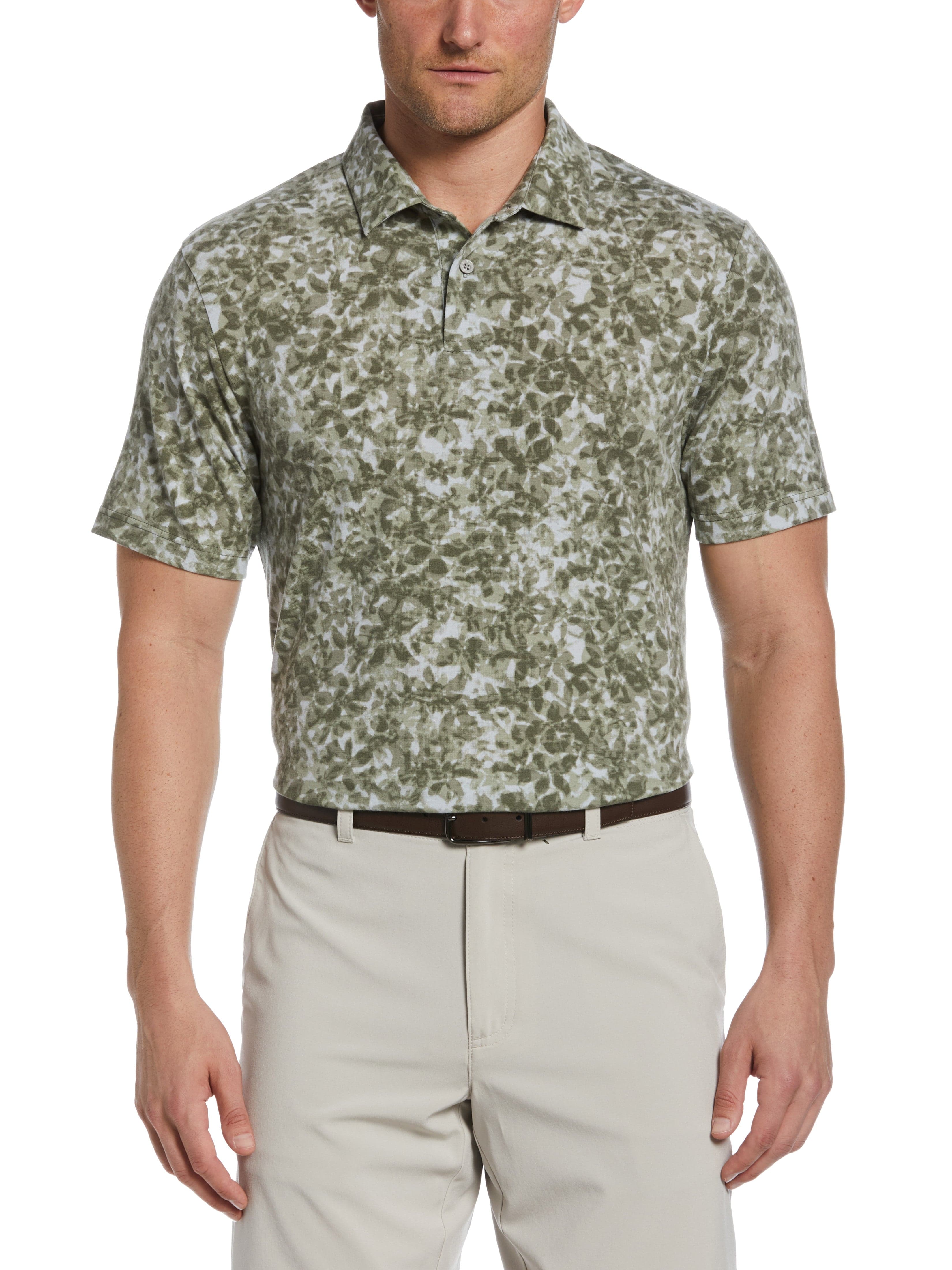 PGA TOUR Apparel Mens Distorted Floral Camo Print Golf Polo Shirt, Size Small, Industrial Green, Polyester/Recycled Polyester/Cotton