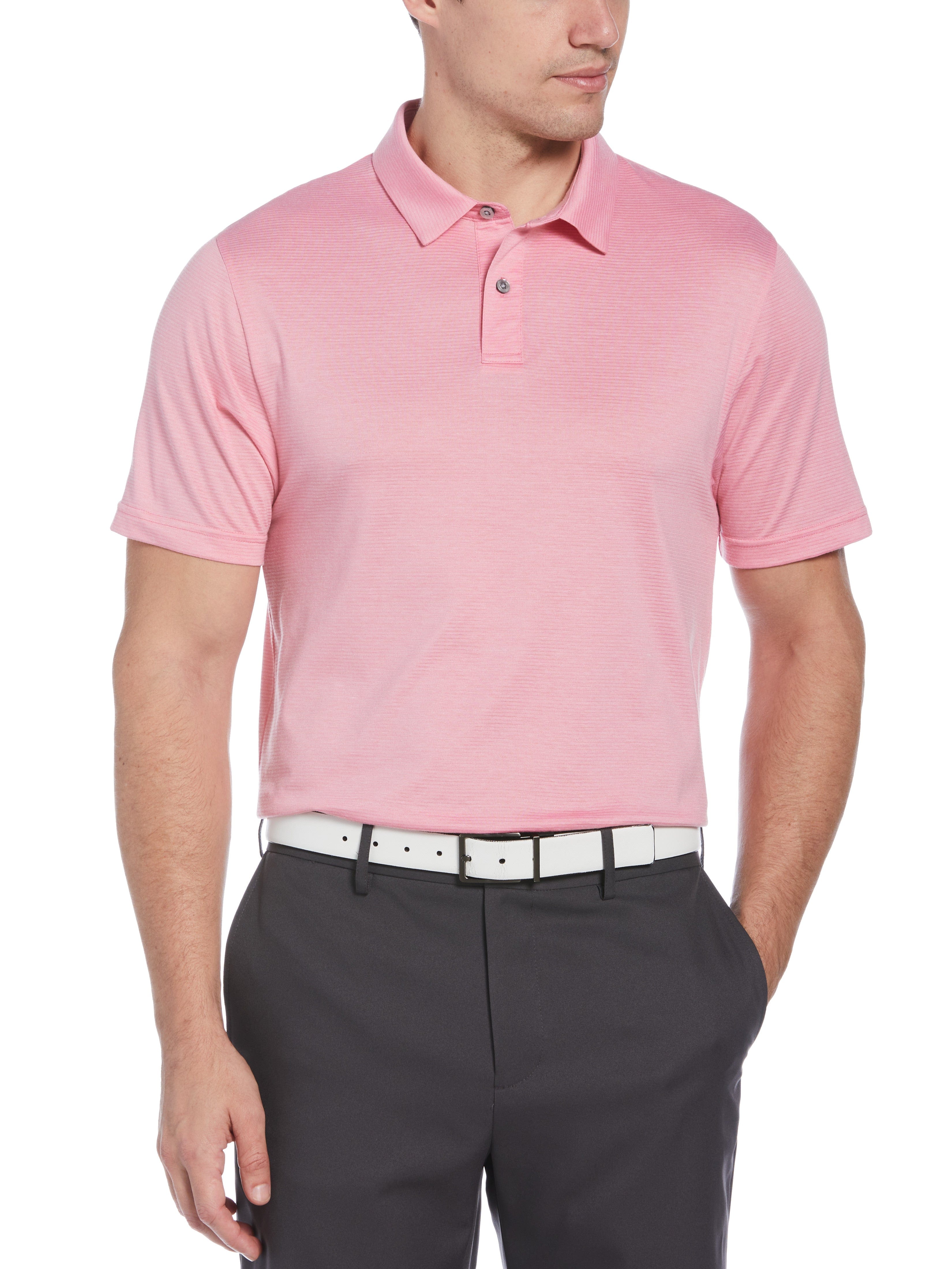 PGA TOUR Apparel Mens Eco Golf Polo Shirt, Size Large, Sea Pink Heather, Polyester/Recycled Polyester/Cotton | Golf Apparel Shop