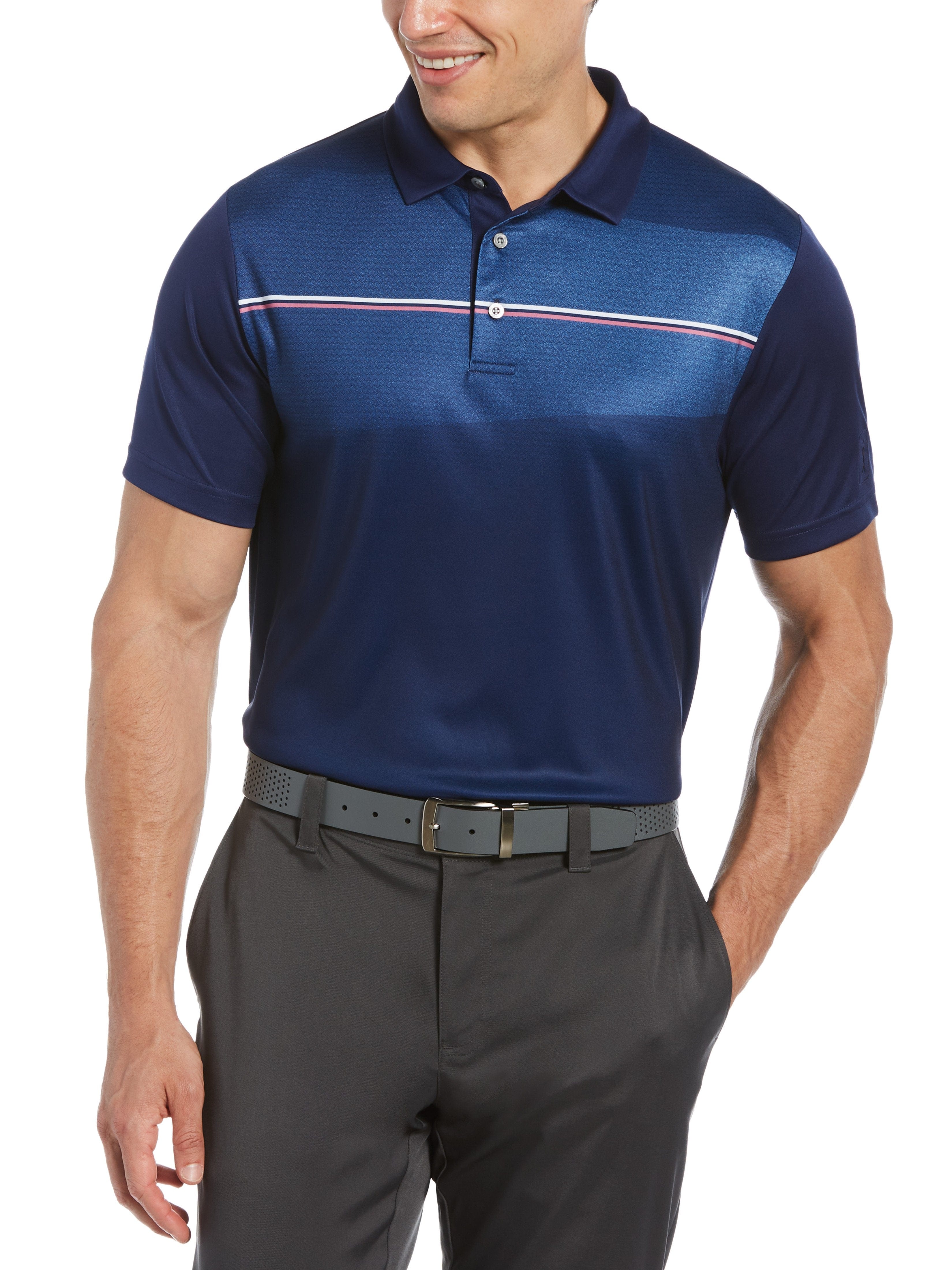 PGA TOUR Apparel Mens Engineered Asymmetric Chest Stripe Golf Polo Shirt, Size Medium, Blueprint, 100% Polyester | Golf Apparel Shop