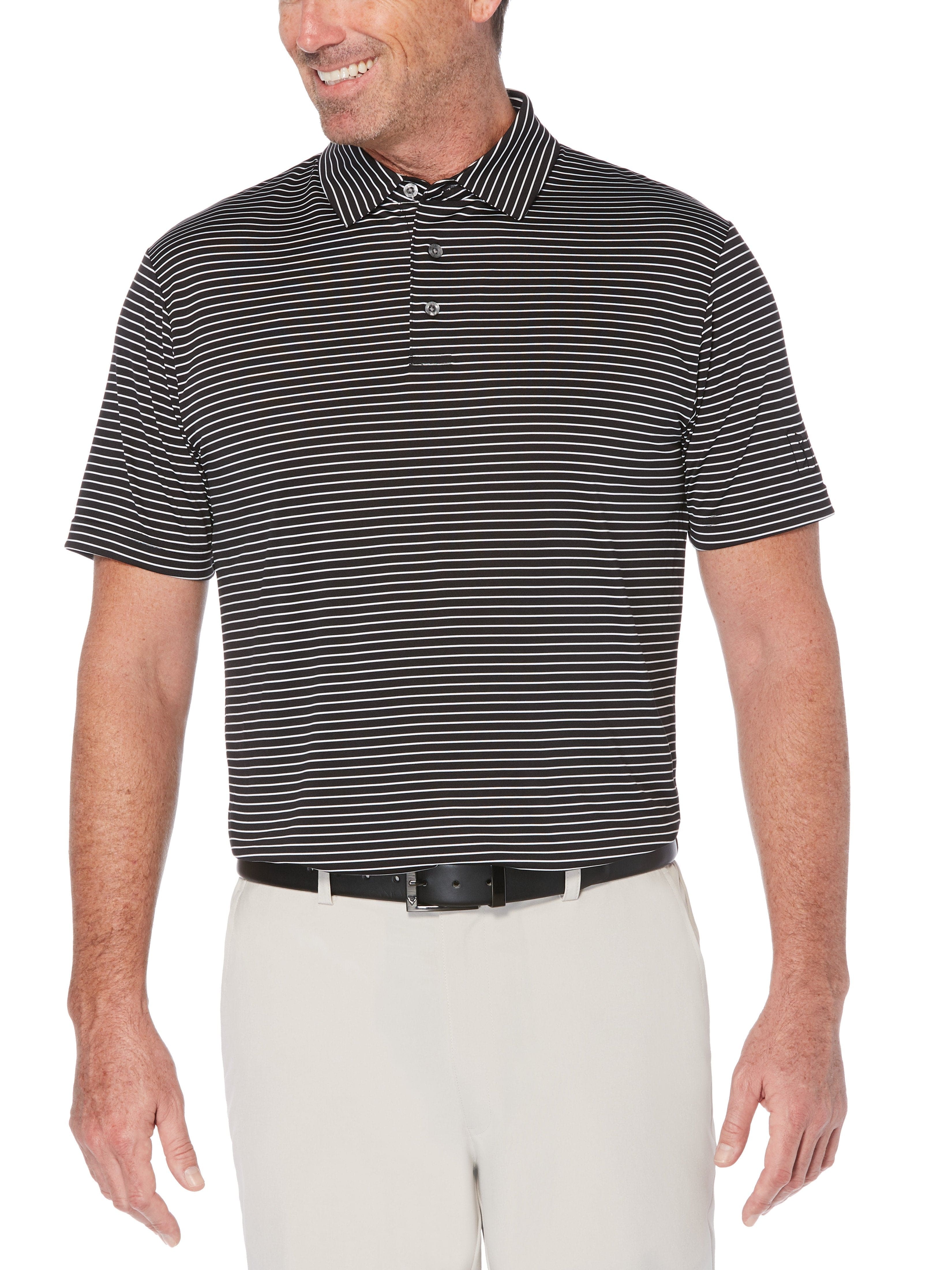 PGA TOUR Apparel Mens Feeder Stripe Polo Shirt, Size Large, Black, 100% Polyester | Golf Apparel Shop