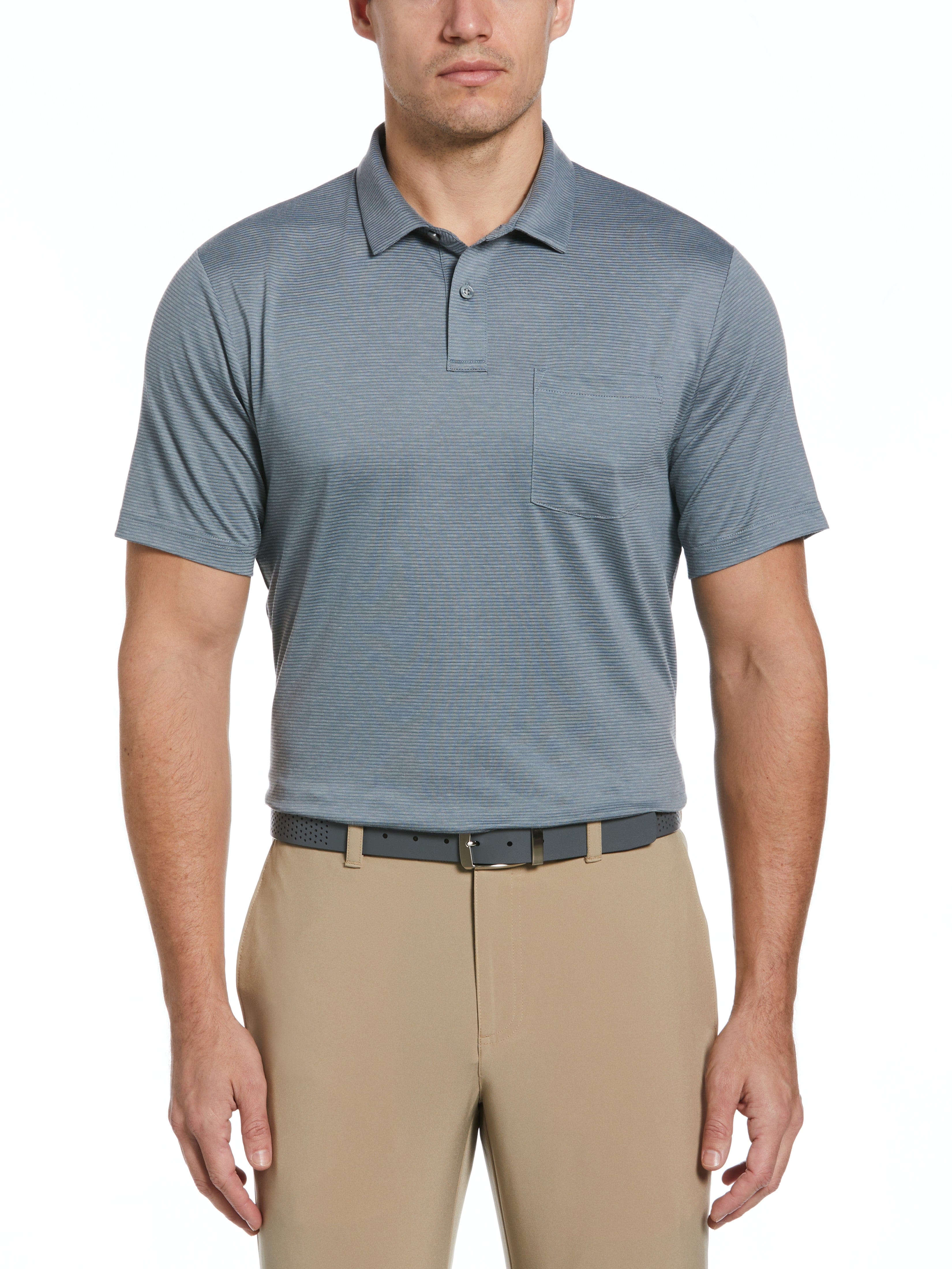 PGA TOUR Apparel Mens Fine Line Eco Golf Polo Shirt w/ Pocket, Size Medium, Flagstone Heather Gray, Polyester/Recycled Polyester/Cotton