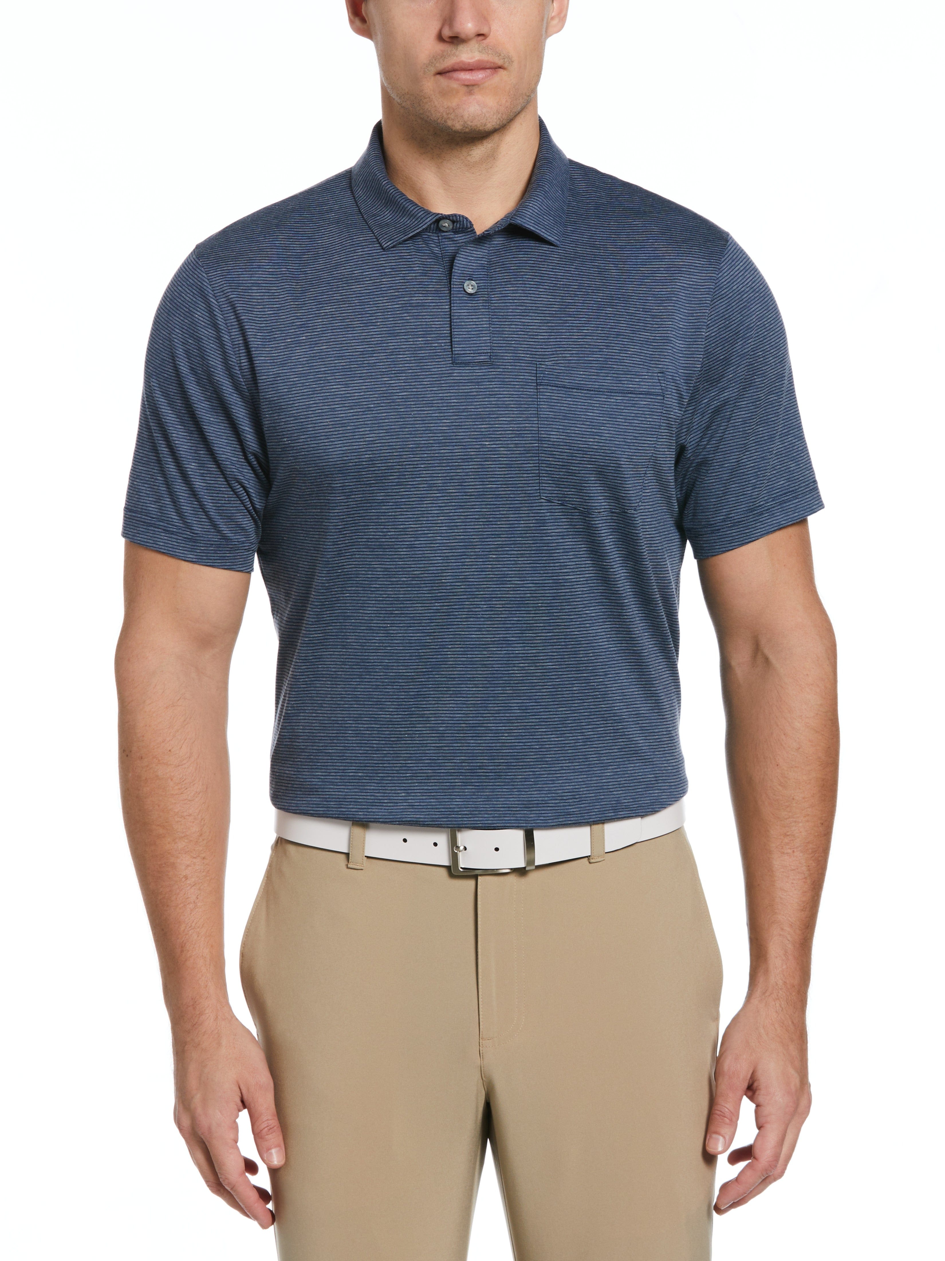 PGA TOUR Apparel Mens Fine Line Eco Golf Polo Shirt w/ Pocket, Size Large, Insignia Bl Heather Blue, Polyester/Recycled Polyester/Cotton