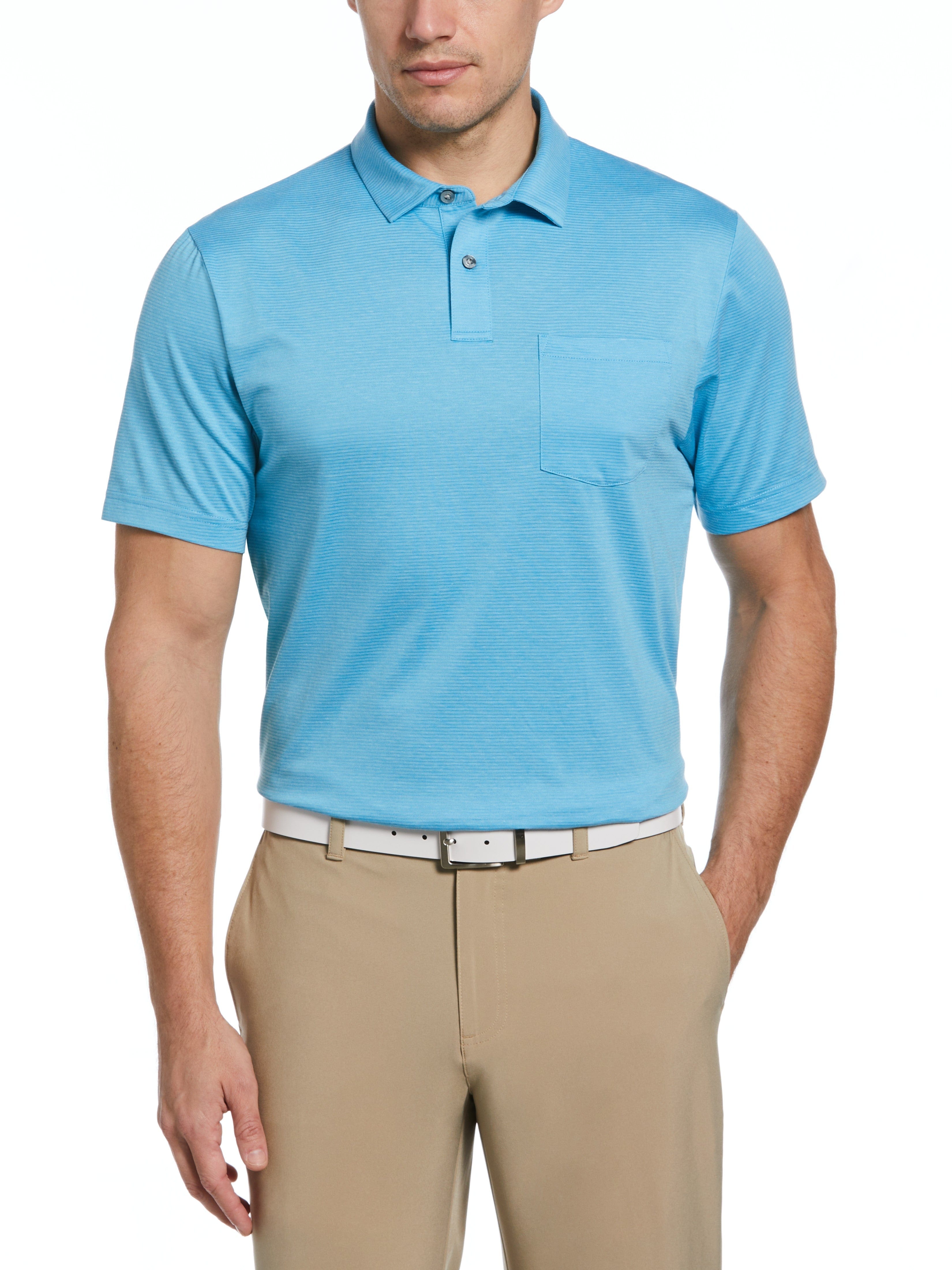 PGA TOUR Apparel Mens Fine Line Eco Golf Polo Shirt w/ Pocket, Size Medium, Blue Grotto Heather, Polyester/Recycled Polyester/Cotton