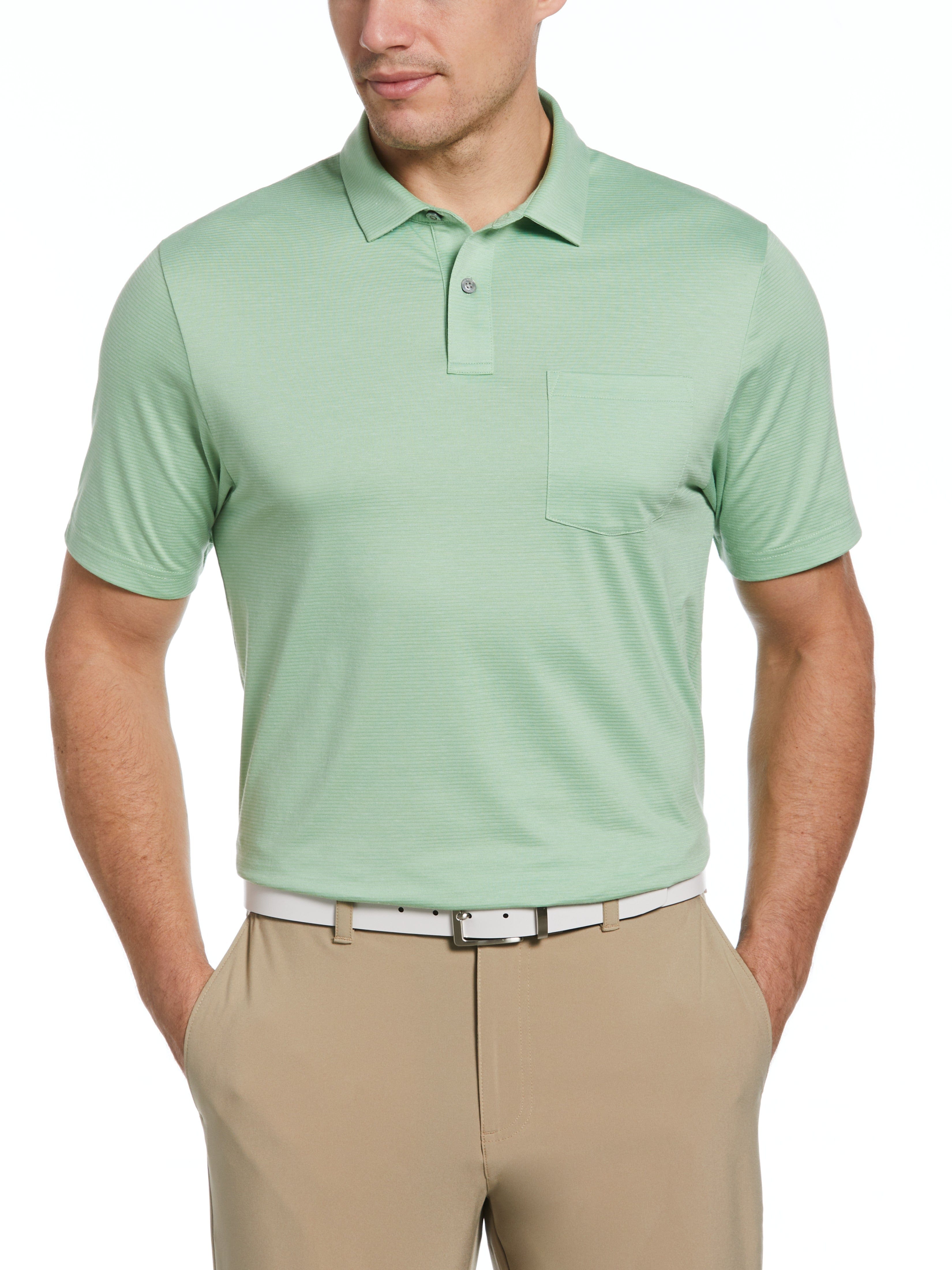 PGA TOUR Apparel Mens Fine Line Eco Golf Polo Shirt w/ Pocket, Size 3XL, Quiet Green Heather, Polyester/Recycled Polyester/Cotton