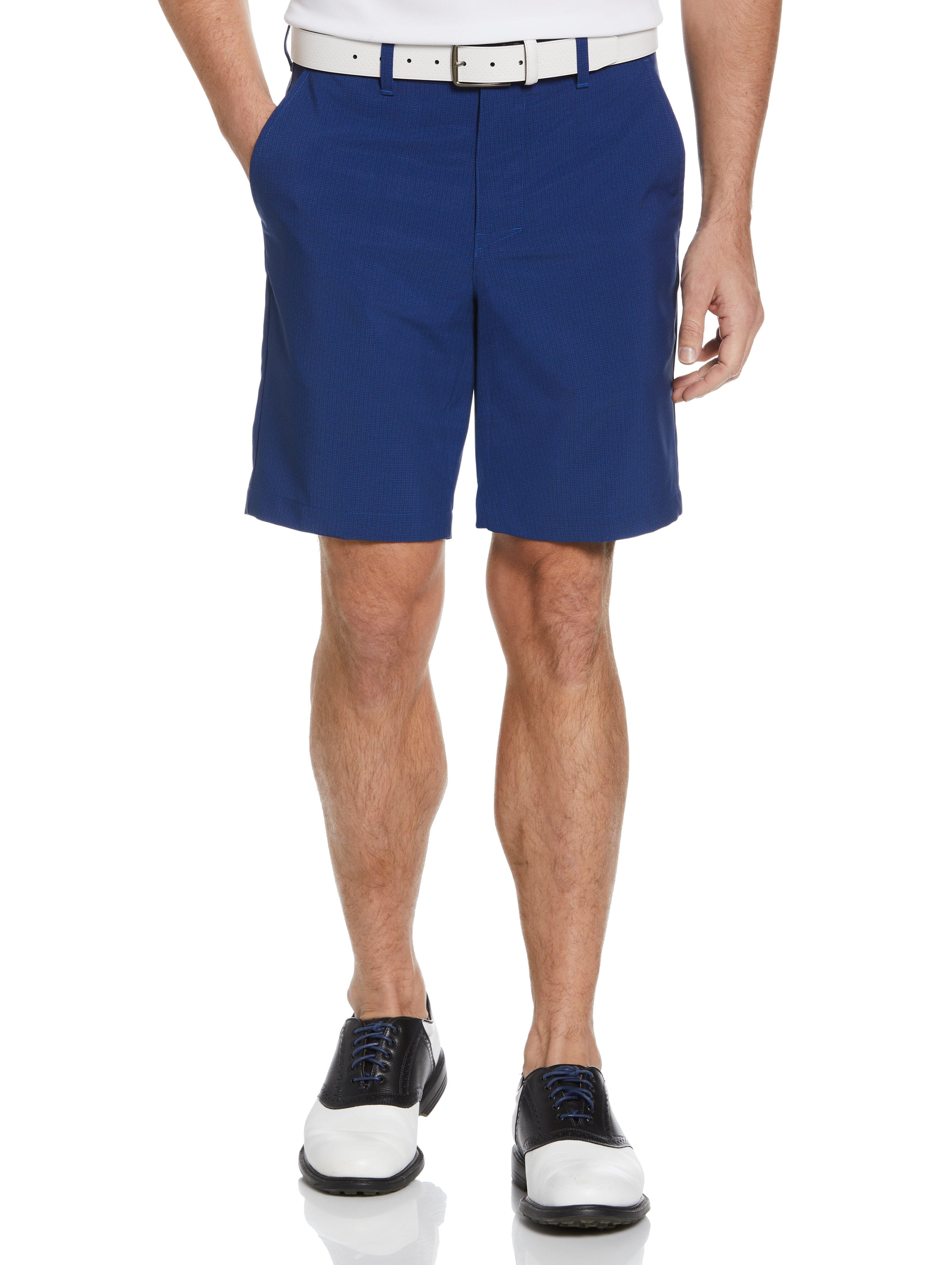 Jack Nicklaus Mens Flat Front Heather Plaid Printed Shorts, Size 36, Classic Navy Blue, Polyester/Elastane | Golf Apparel Shop