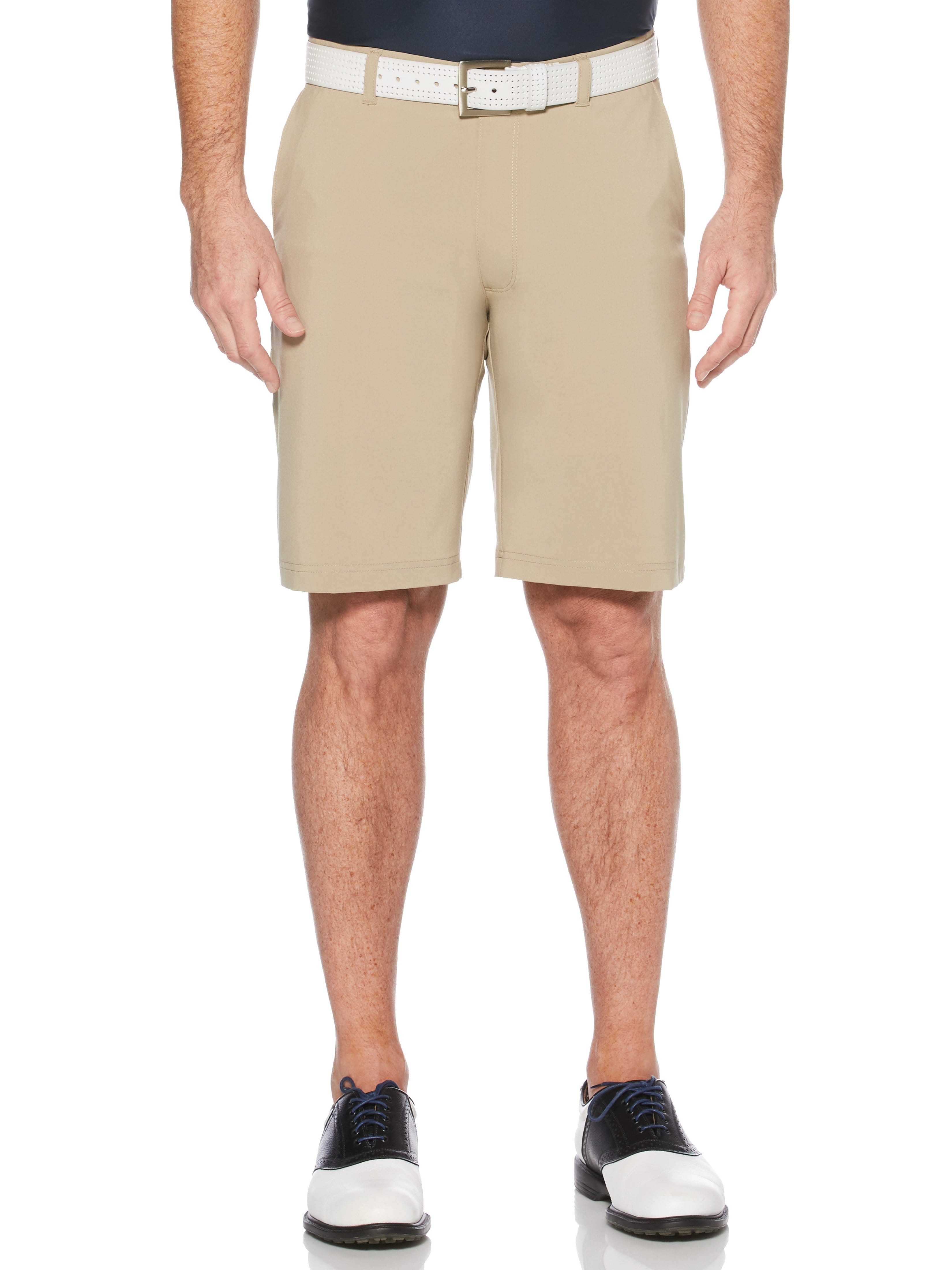 Jack Nicklaus Mens Flat Front Solid Golf Shorts w/ Active Waistband and Media Pocket, Size 44, Chinchilla Beige, Polyester/Elastane