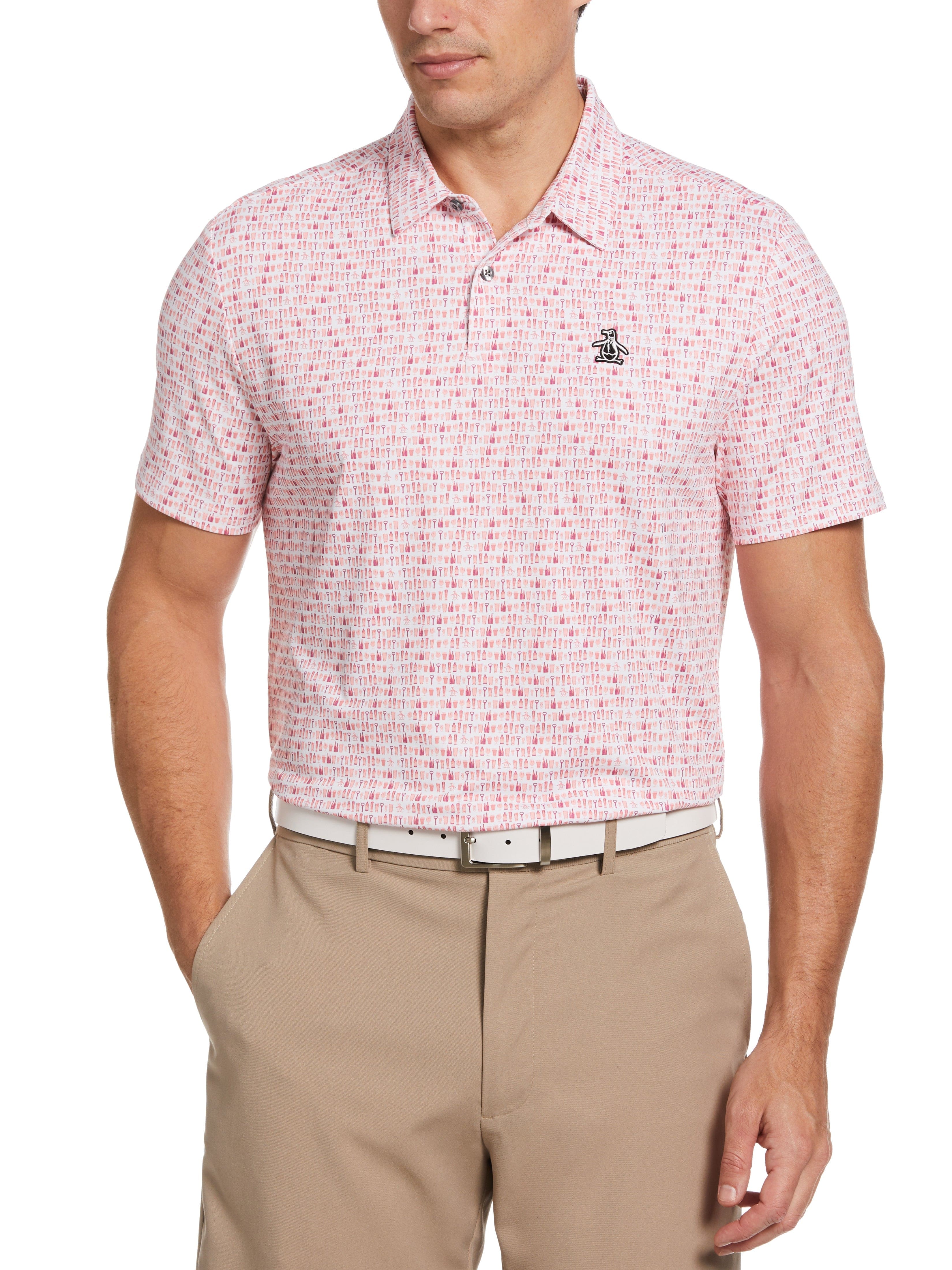 Original Penguin Mens Have a Beer Novelty Print Golf Polo Shirt, Size Medium, Rose Bouquet Pink, Polyester/Recycled Polyester/Elastane