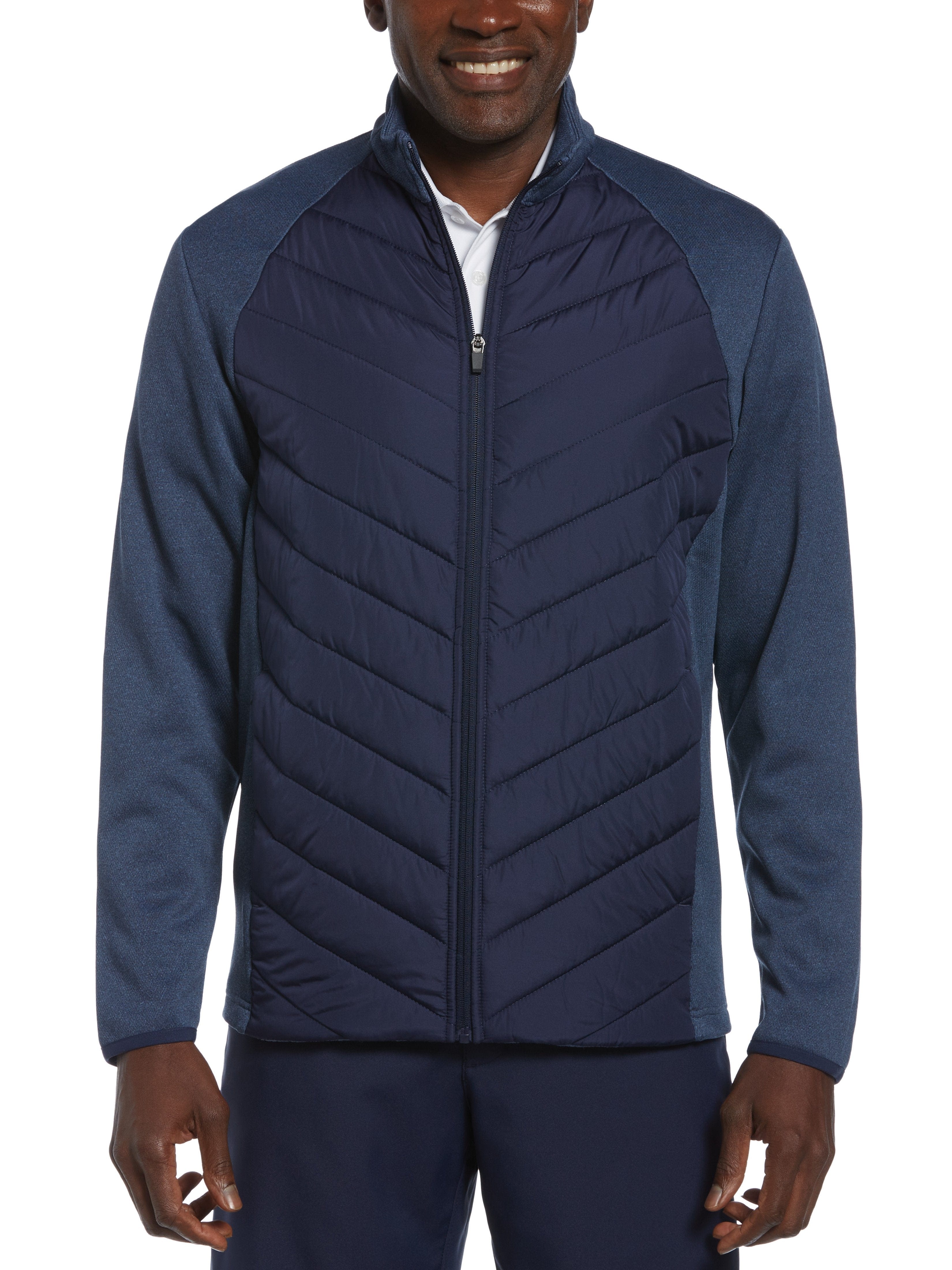 PGA TOUR Apparel Mens Hybrid Performance Puffer Golf Jacket Top, Size Medium, Peacoat Heather Blue, 100% Polyester | Golf Apparel Shop