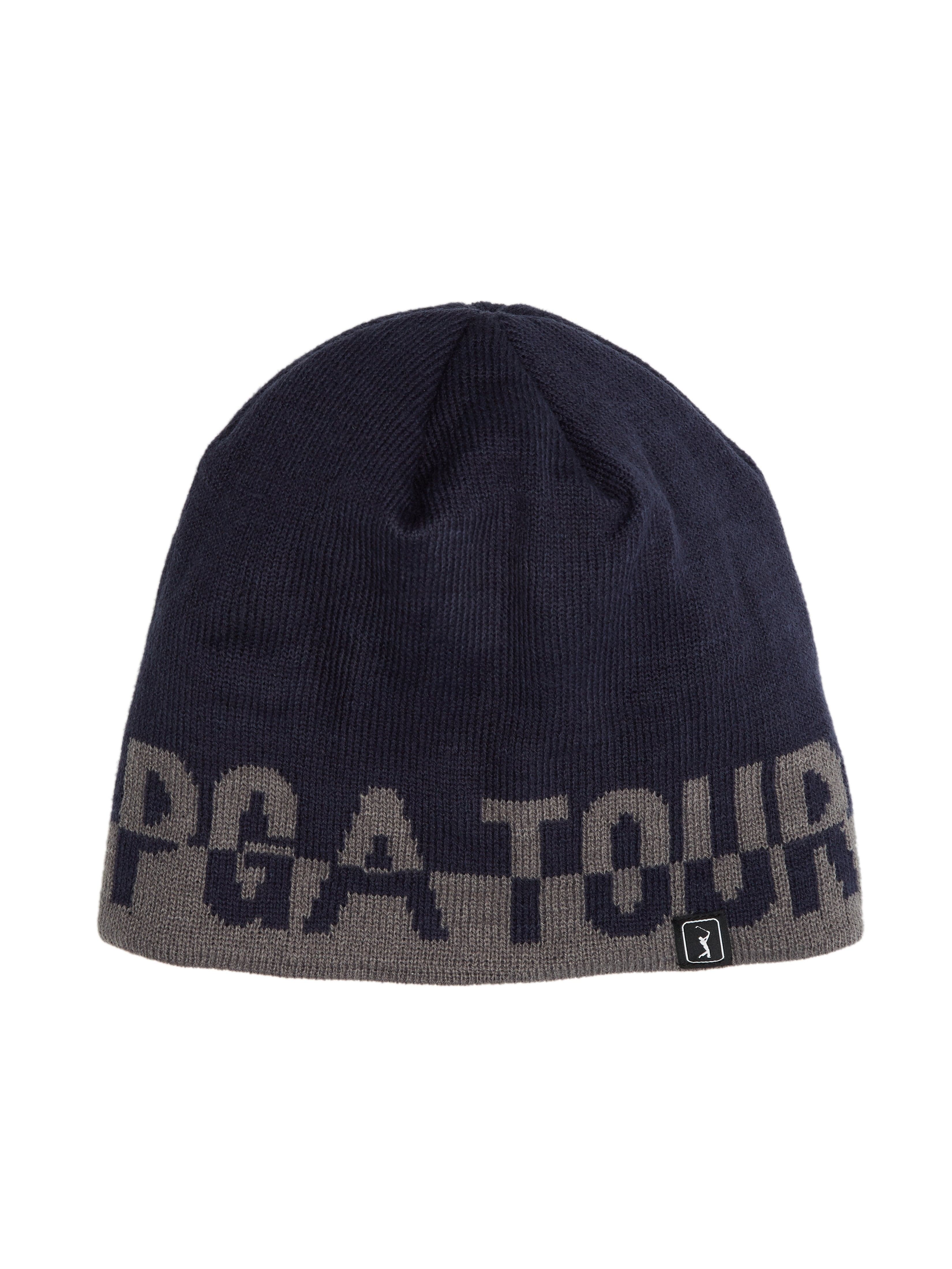 PGA TOUR Apparel Mens Jacquarded Beanie Hat, Dark Navy Beige, 100% Acrylic | Golf Apparel Shop