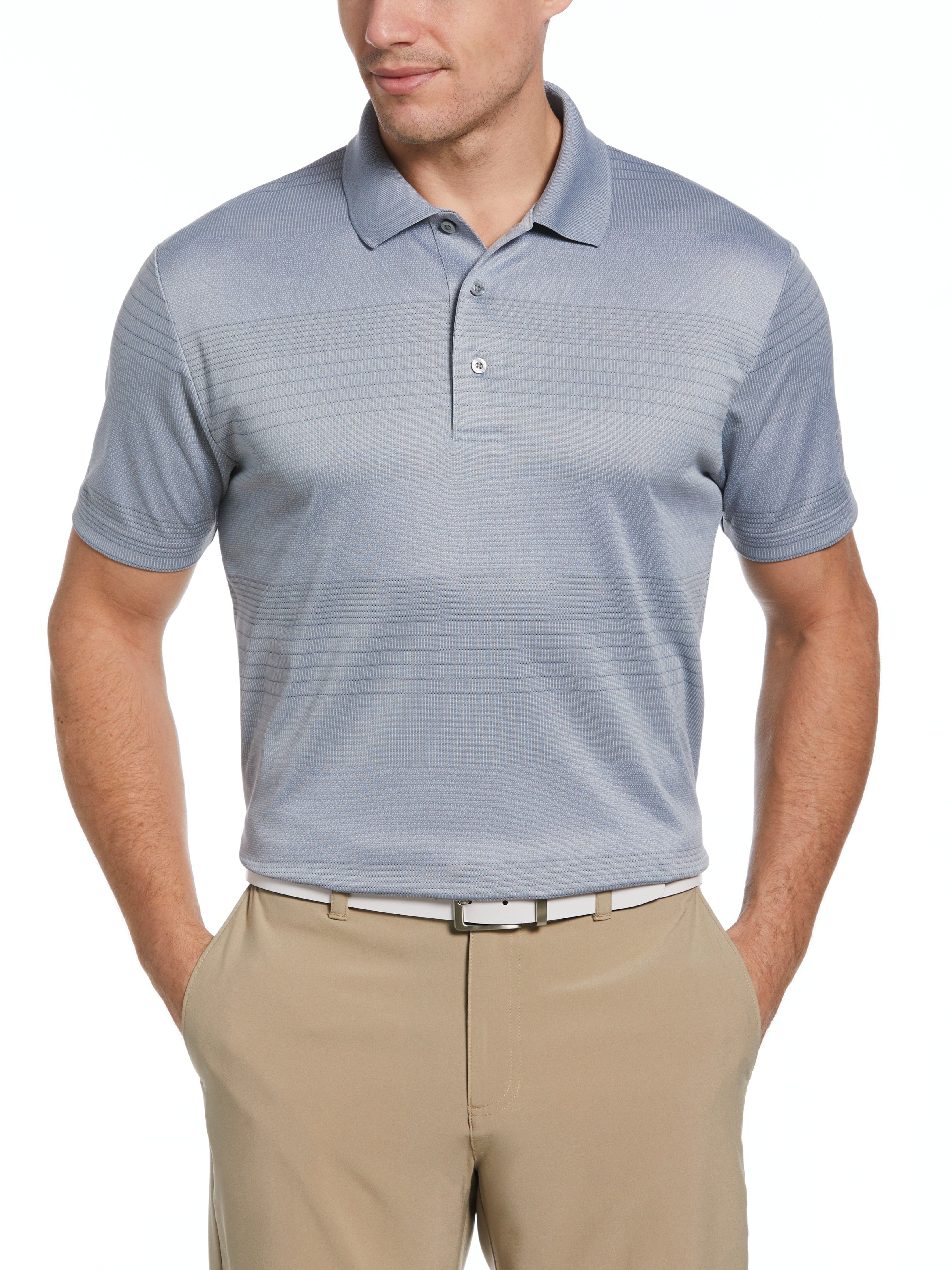 PGA TOUR Apparel Mens Large Scale Birdseye Stripe Jacquard Golf Polo Shirt, Size Medium, Tradewinds Gray, 100% Polyester | Golf Apparel Shop