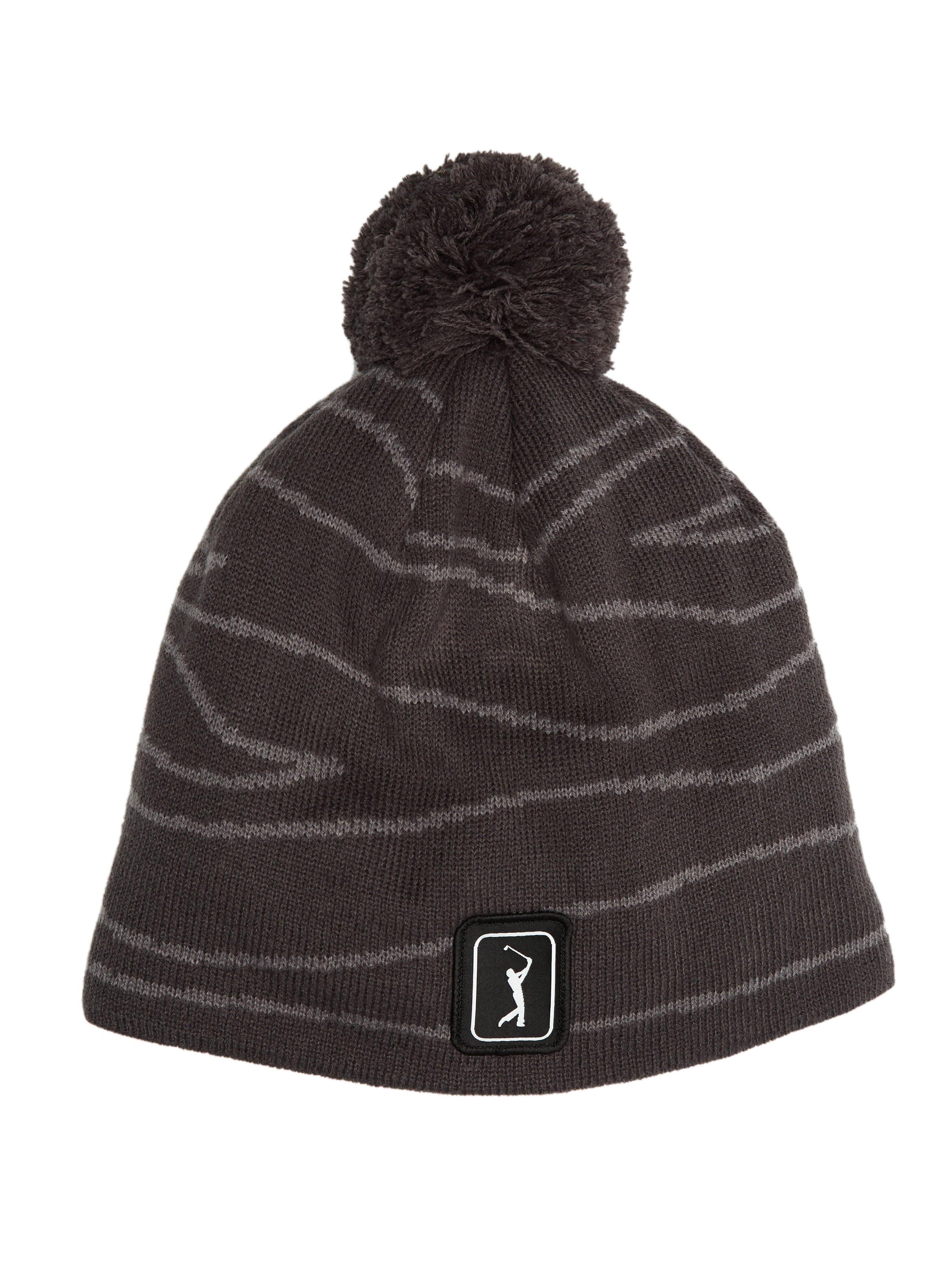 PGA TOUR Apparel Mens Laser Pattern Beanie w/ Pom Hat, Asphalt Gray, 100% Acrylic | Golf Apparel Shop