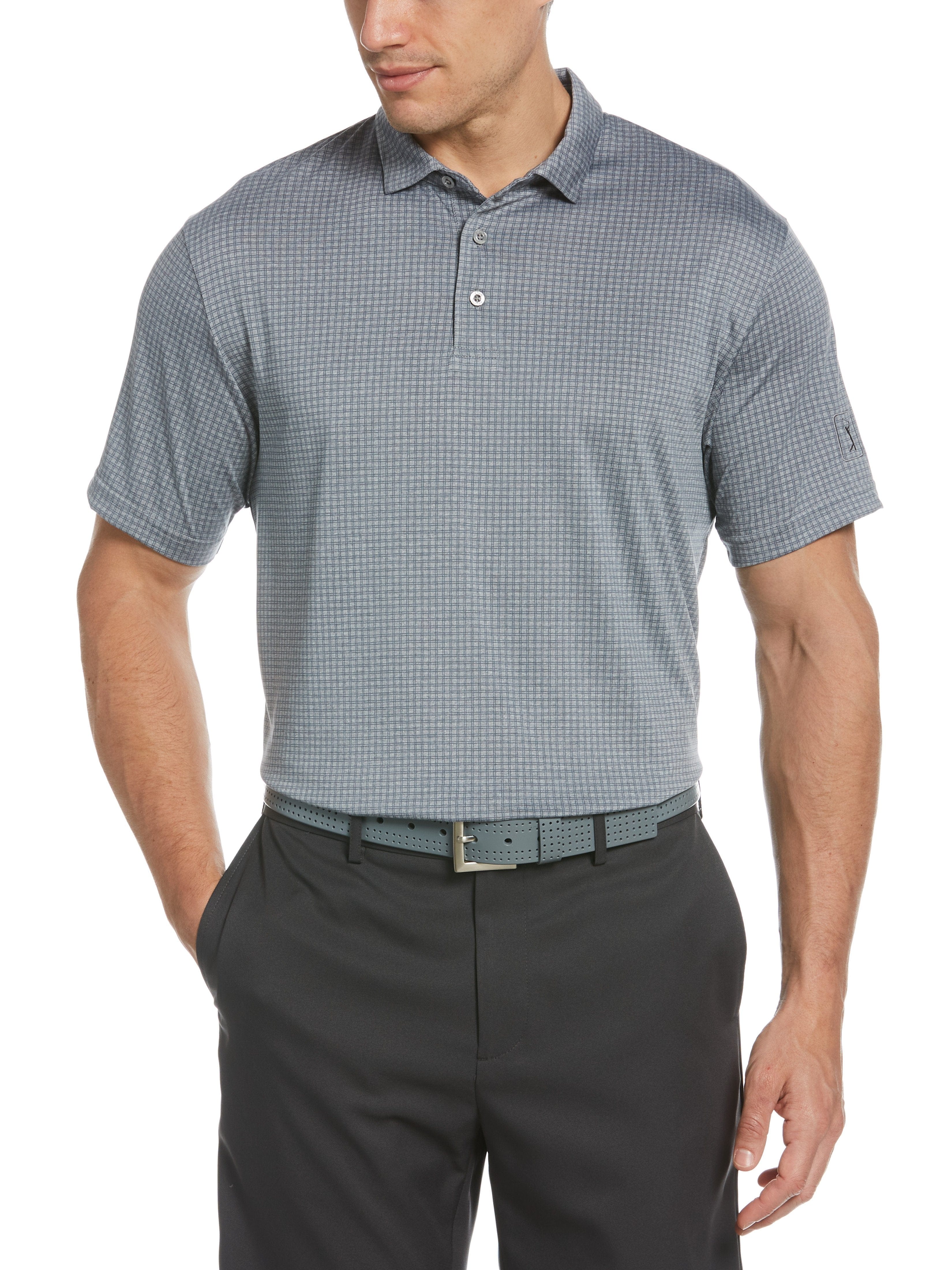 PGA TOUR Apparel Mens Mini Windowpane Heathered Golf Polo Shirt, Size Medium, Tradewinds Heather Gray, 100% Polyester | Golf Apparel Shop