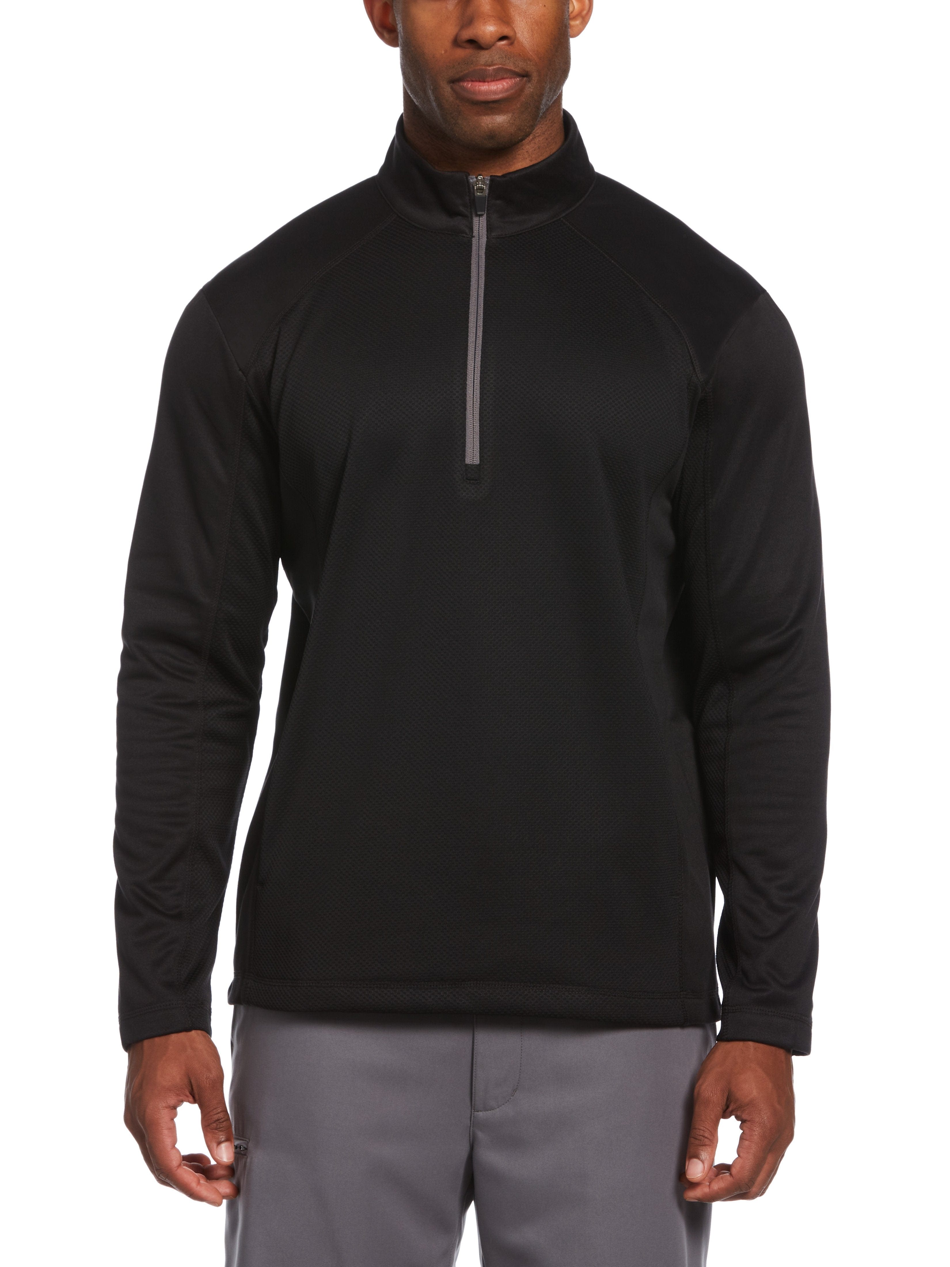 PGA TOUR Apparel Mens Mixed Texture Fleece 1/4 Zip Golf Jacket Top, Size Medium, Black, 100% Polyester | Golf Apparel Shop