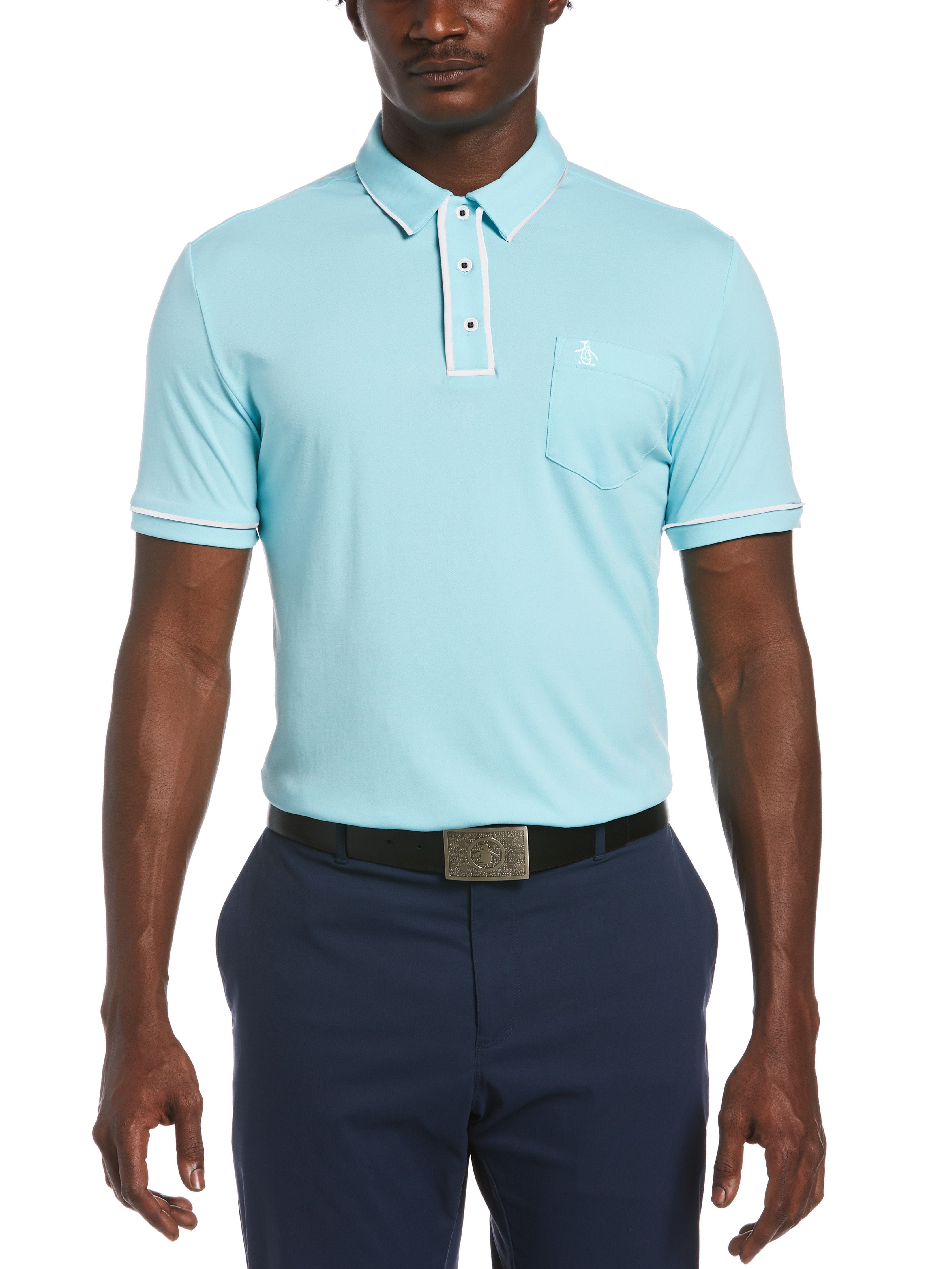 Original Penguin Mens Performance Earl™ Polo Shirt, Size Small, Tanager Turquoise Blue, 100% Polyester | Golf Apparel Shop