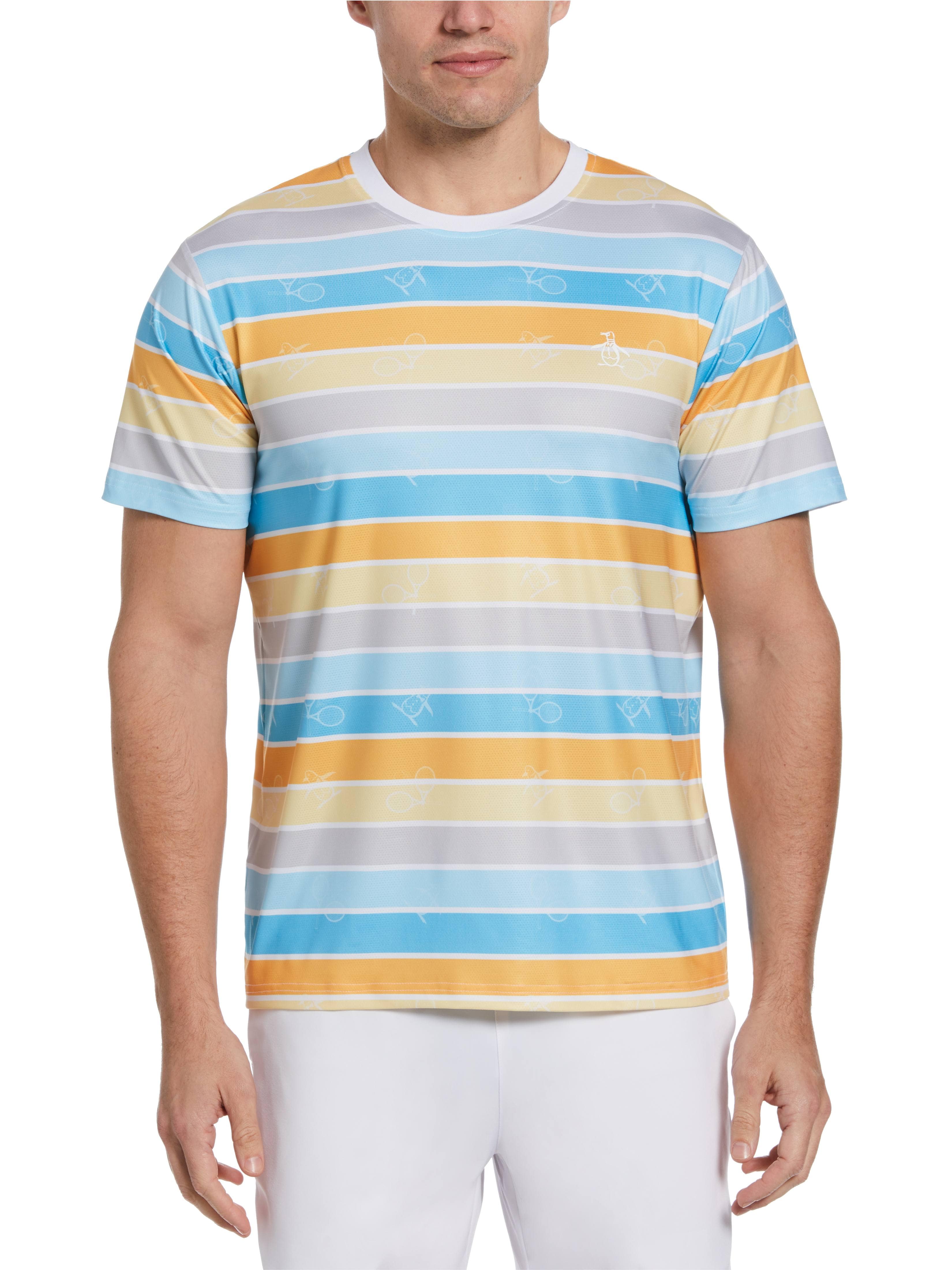 Original Penguin Mens Performance Resort Stripe Tennis T-Shirt, Size Medium, White, Polyester/Recycled Polyester/Elastane | Golf Apparel Shop