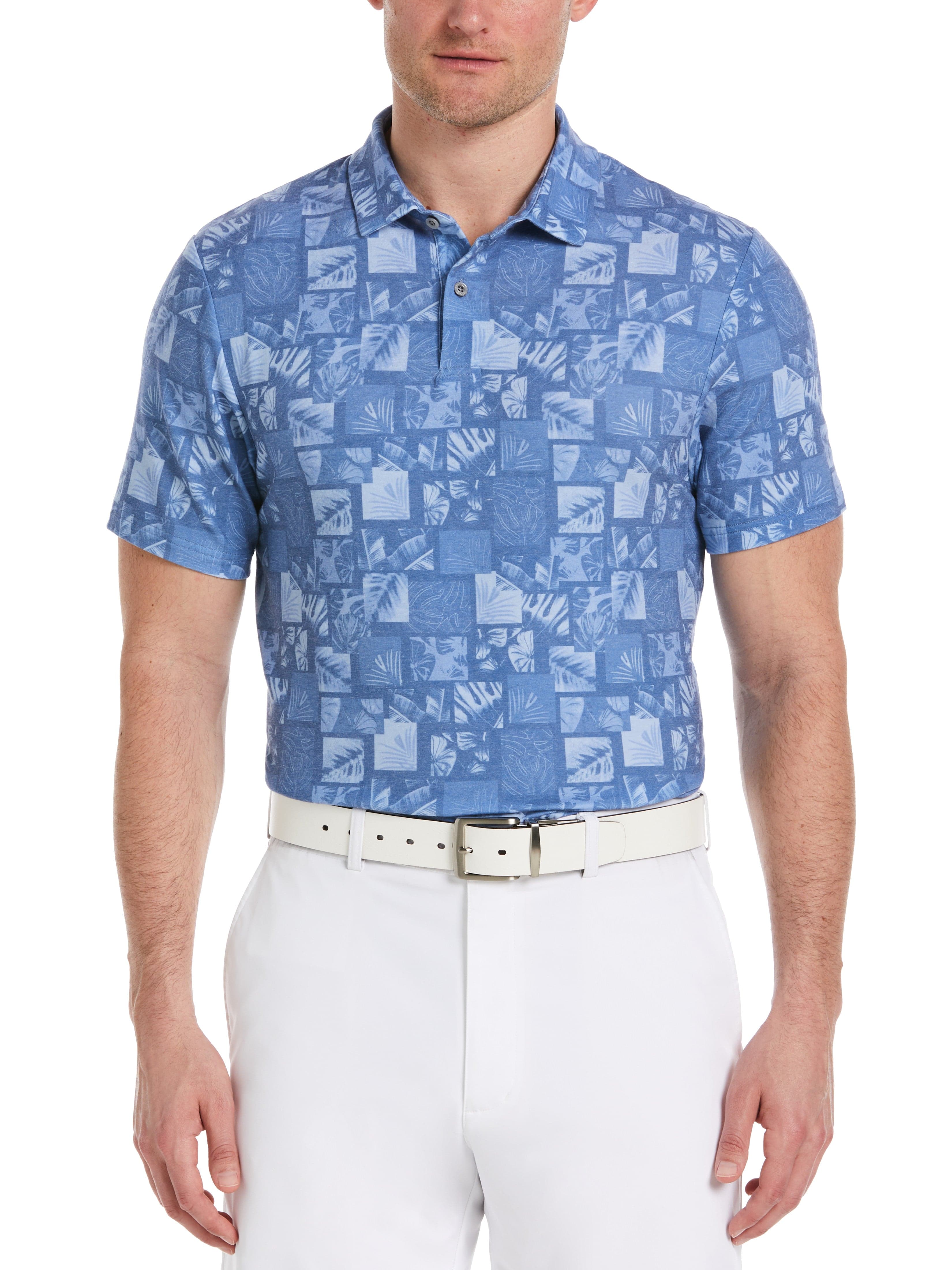 PGA TOUR Apparel Mens Photoreal Tropical Print Golf Polo Shirt, Size Medium, Dutch Blue, Polyester/Recycled Polyester/Cotton | Golf Apparel Shop