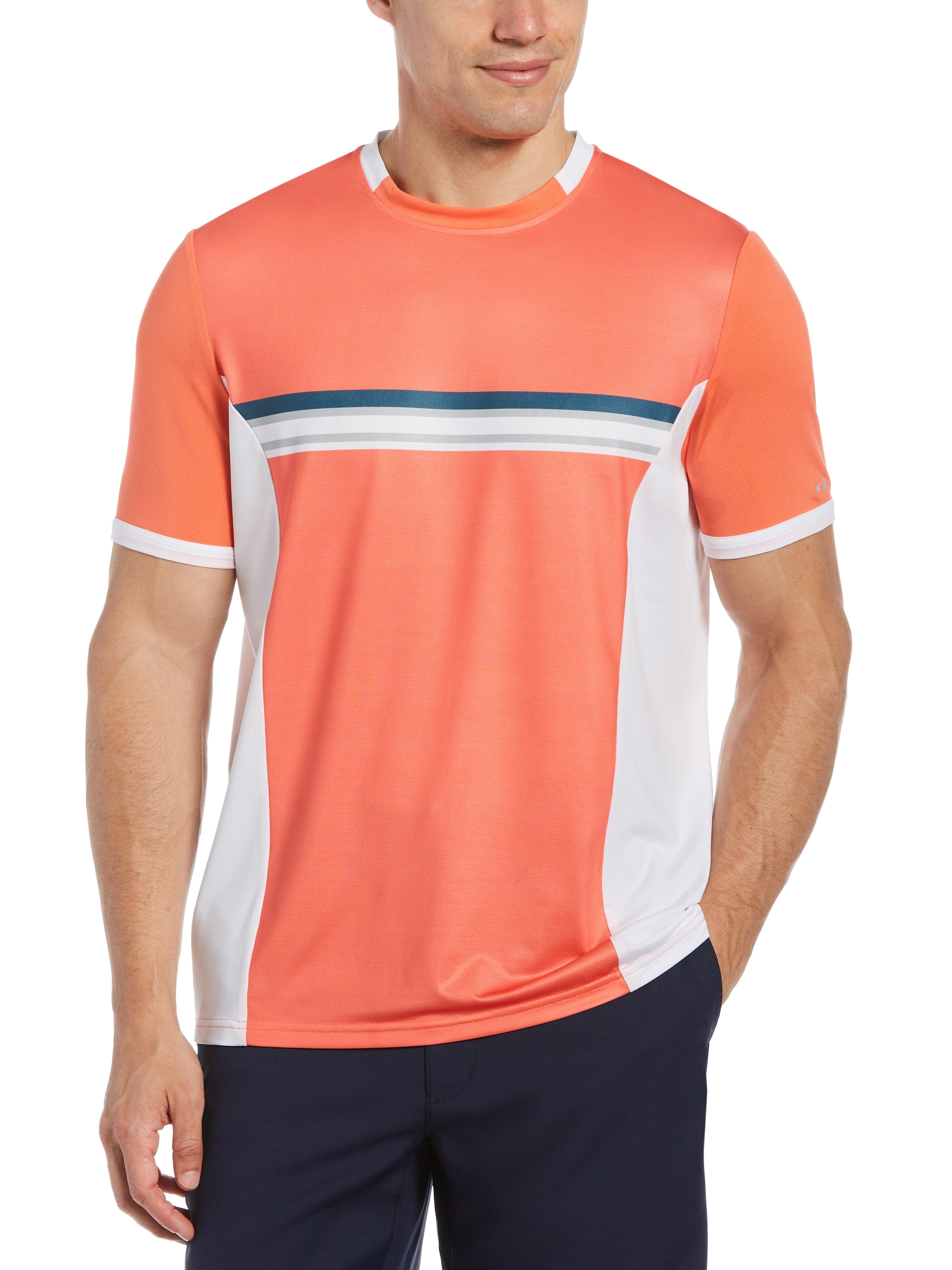Grand Slam Mens Pieced Print Chest Stripe Crew Neck Tennis T-Shirt, Size Large, Emberglow Orange, Polyester/Spandex | Golf Apparel Shop