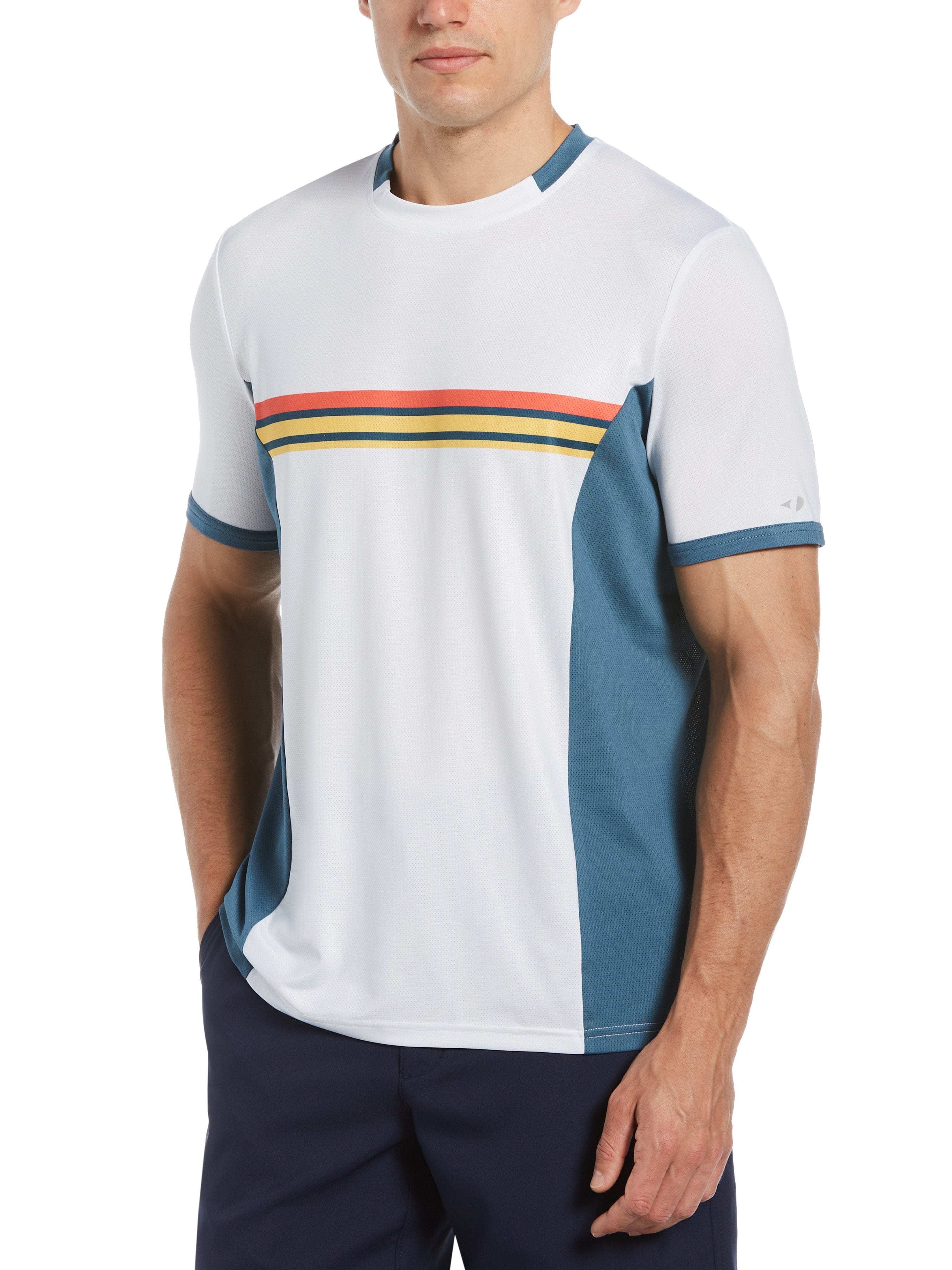Grand Slam Mens Pieced Print Chest Stripe Crew Neck Tennis T-Shirt, Size Large, White, Polyester/Spandex | Golf Apparel Shop