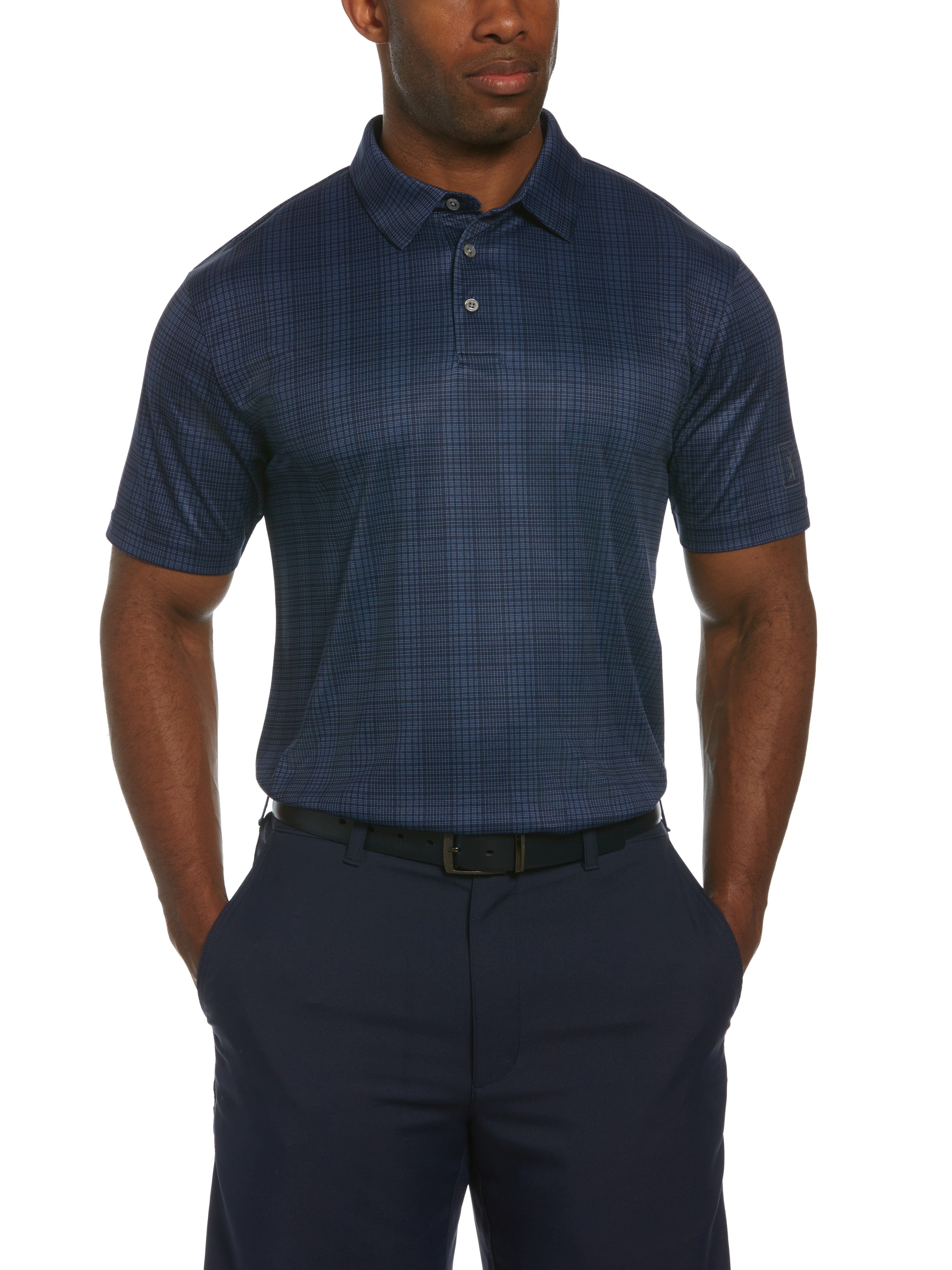 PGA TOUR Apparel Mens Printed Plaid Golf Polo Shirt, Size Small, Navy Blue, 100% Polyester | Golf Apparel Shop