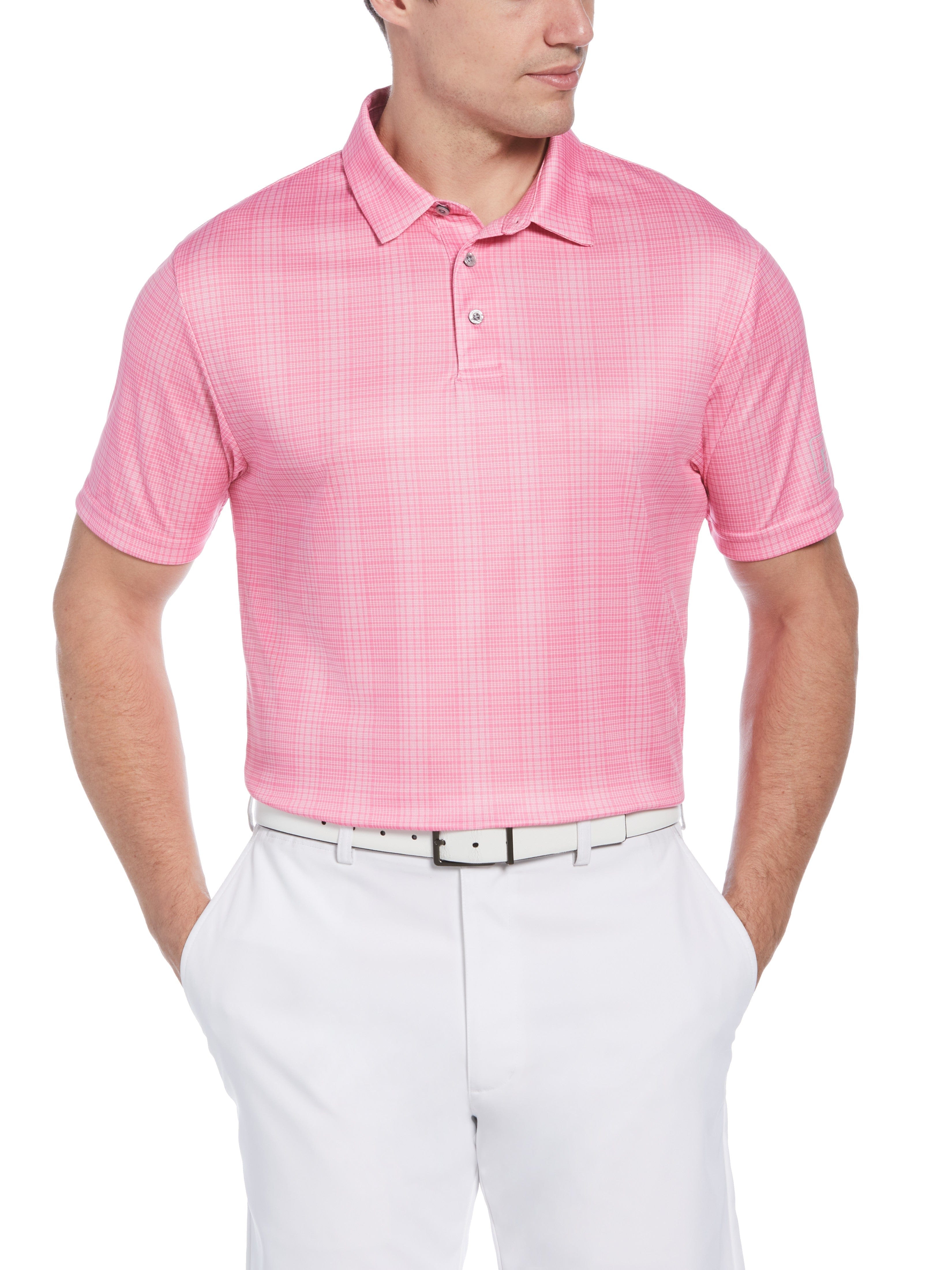 PGA TOUR Apparel Mens Printed Plaid Golf Polo Shirt, Size Medium, Pink Carnation, 100% Polyester | Golf Apparel Shop