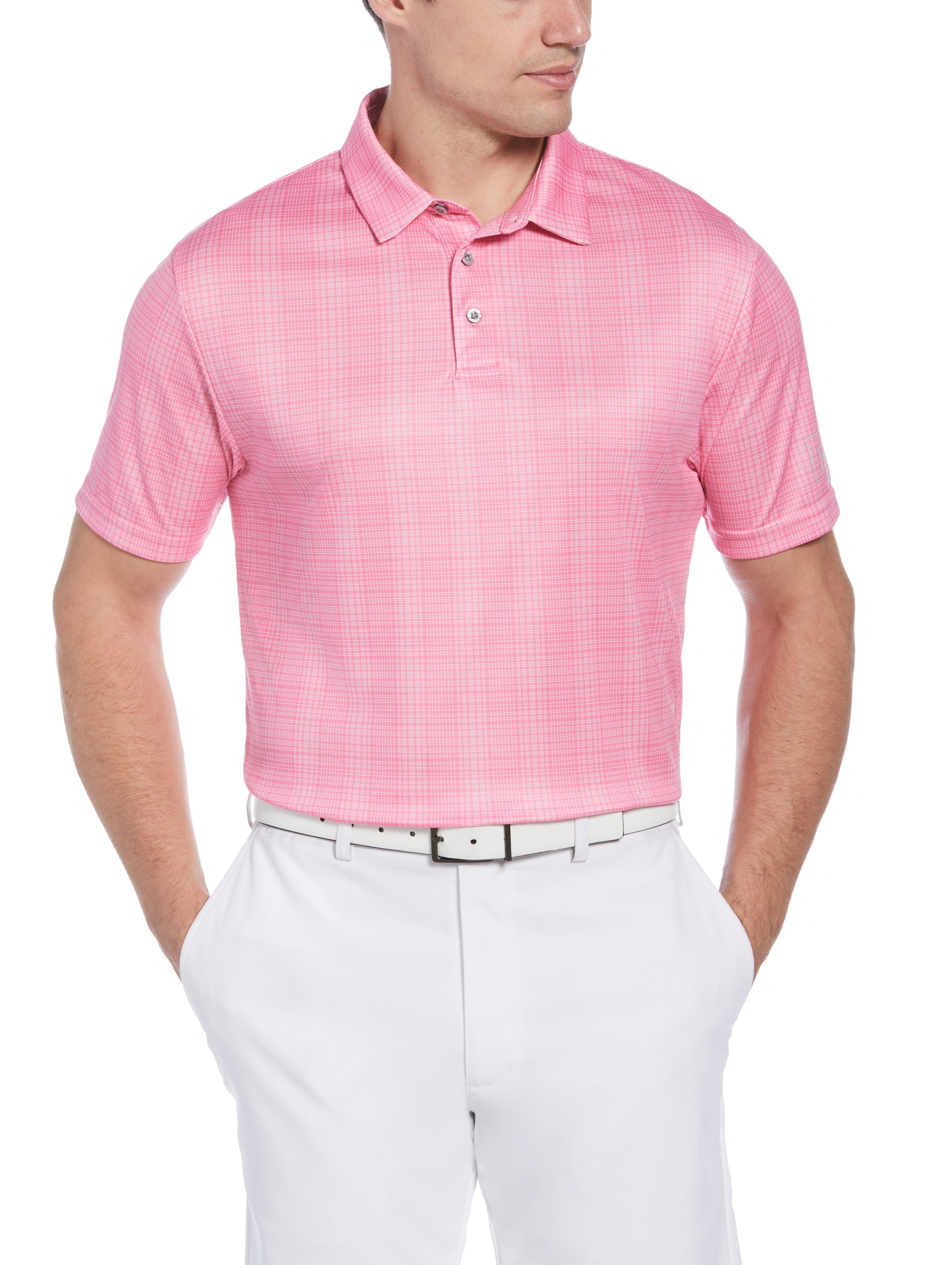 PGA TOUR Apparel Mens Printed Plaid Golf Polo Shirt, Size Large, Pink Carnation, 100% Polyester | Golf Apparel Shop