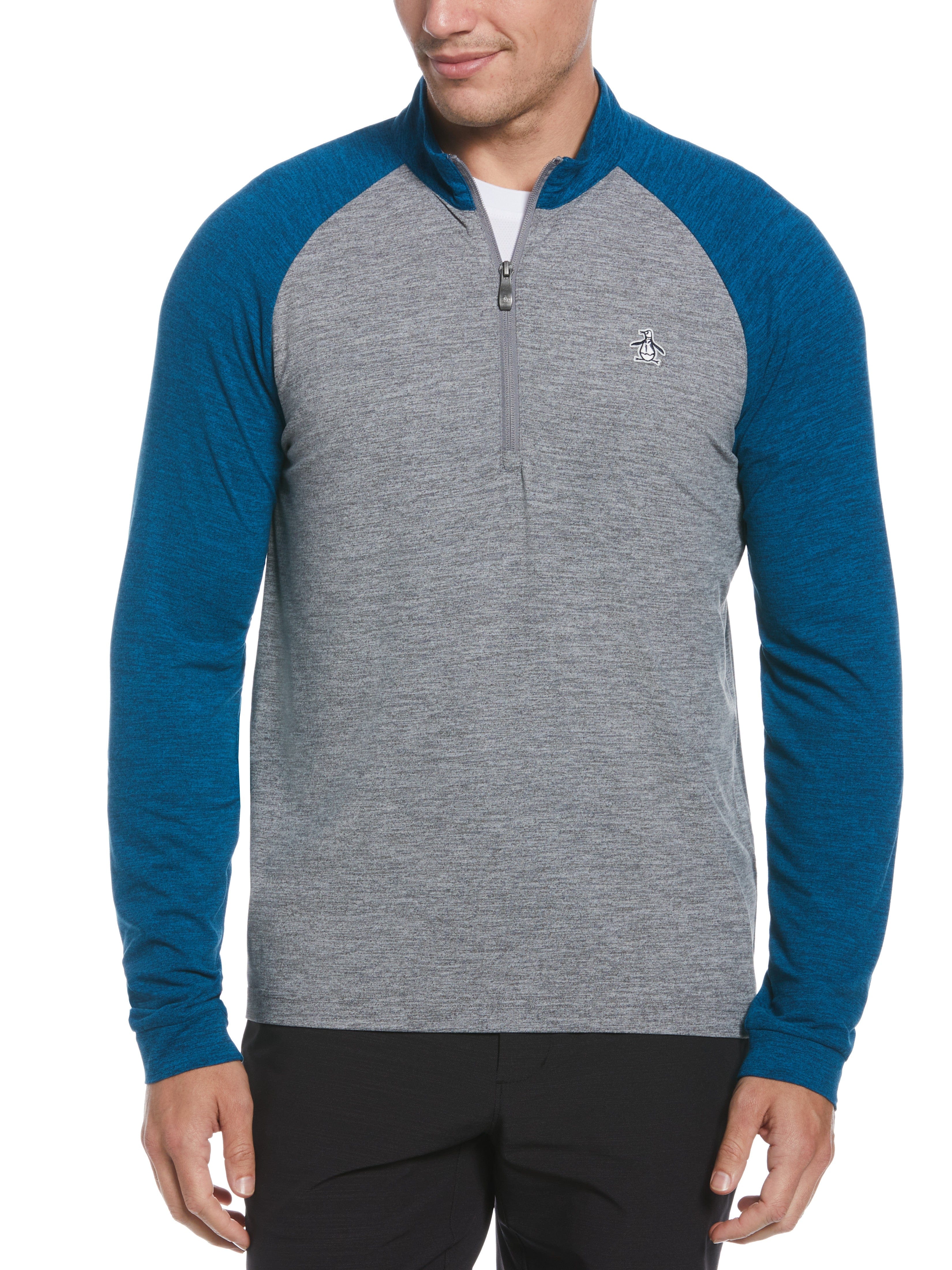 Original Penguin Mens Quarter Zip Lightweight Block Golf Sweater, Size Small, Blueberry Pancake Heather, Polyester/Recycled Polyester/Elastane