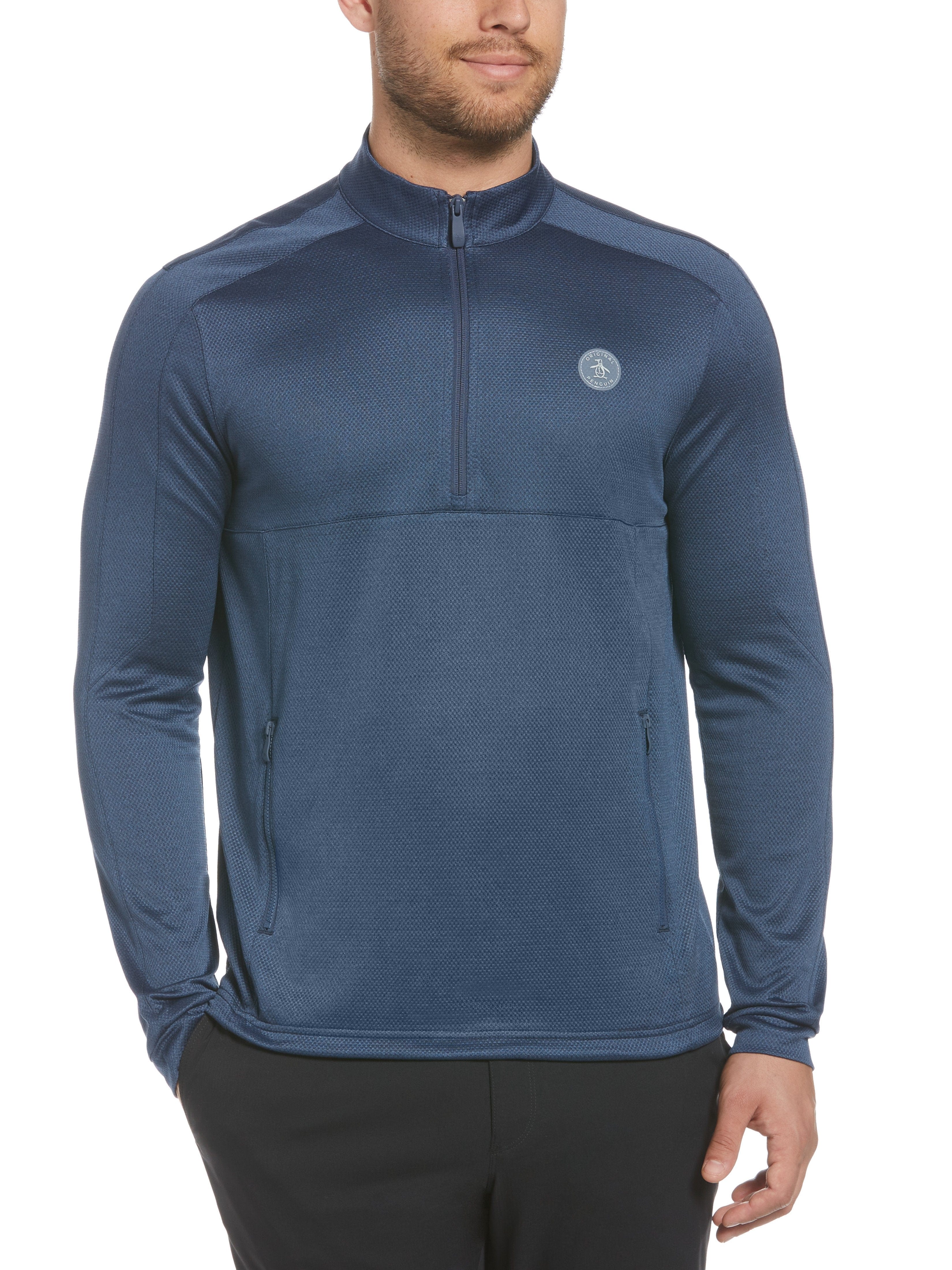 Original Penguin Mens Quarter Zip Mock Neck Golf Pullover Top, Size 2XL, Black Iris Bijou Hthr Blue, Polyester/Recycled Polyester/Elastane