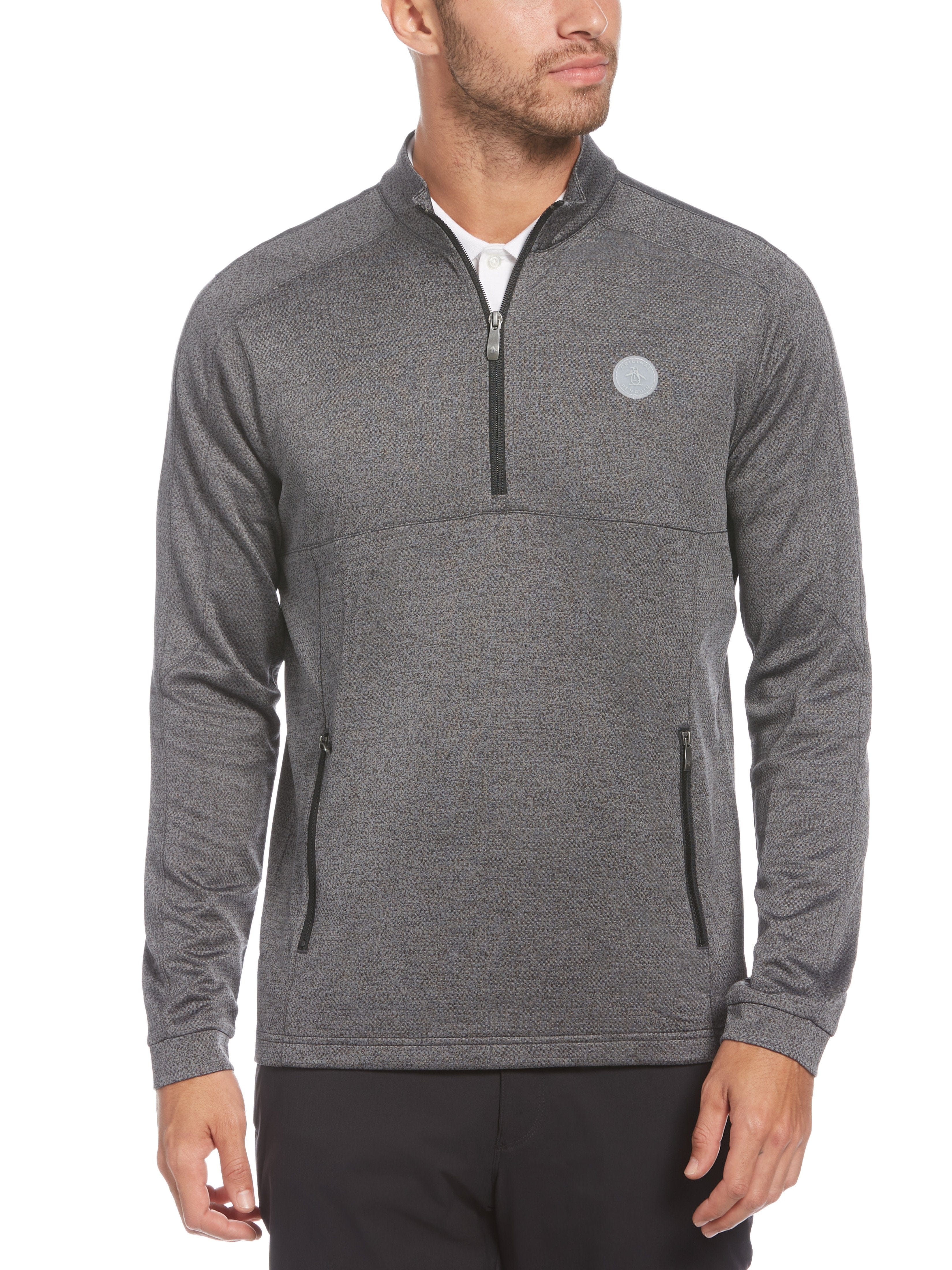 Original Penguin Mens Quarter Zip Mock Neck Golf Pullover Top, Size Large, Dark Caviar Heather Black, Polyester/Recycled Polyester/Elastane