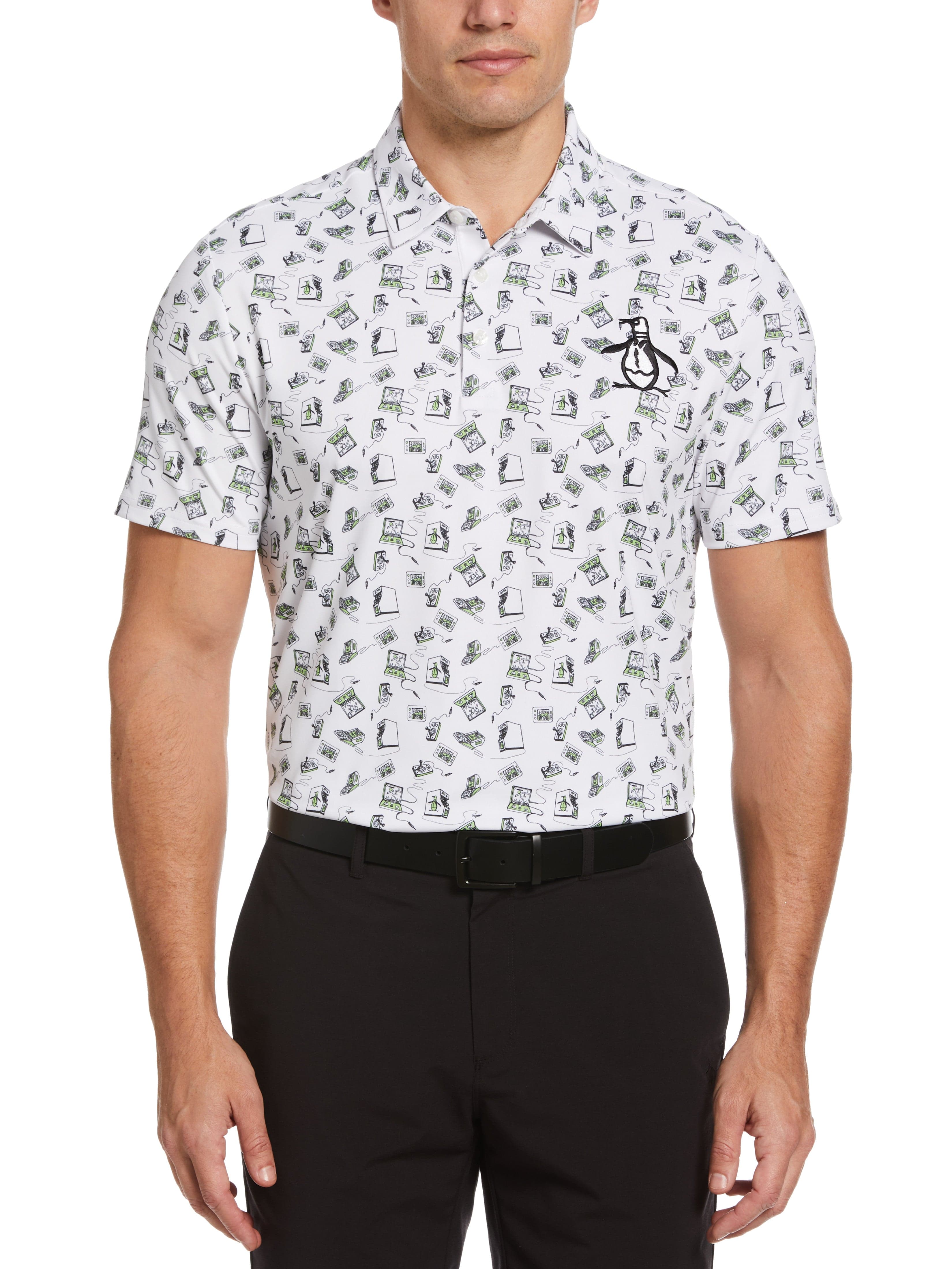 Original Penguin Mens Retro Arcade Print Golf Polo Shirt, Size XL, White, Polyester/Recycled Polyester/Elastane | Golf Apparel Shop