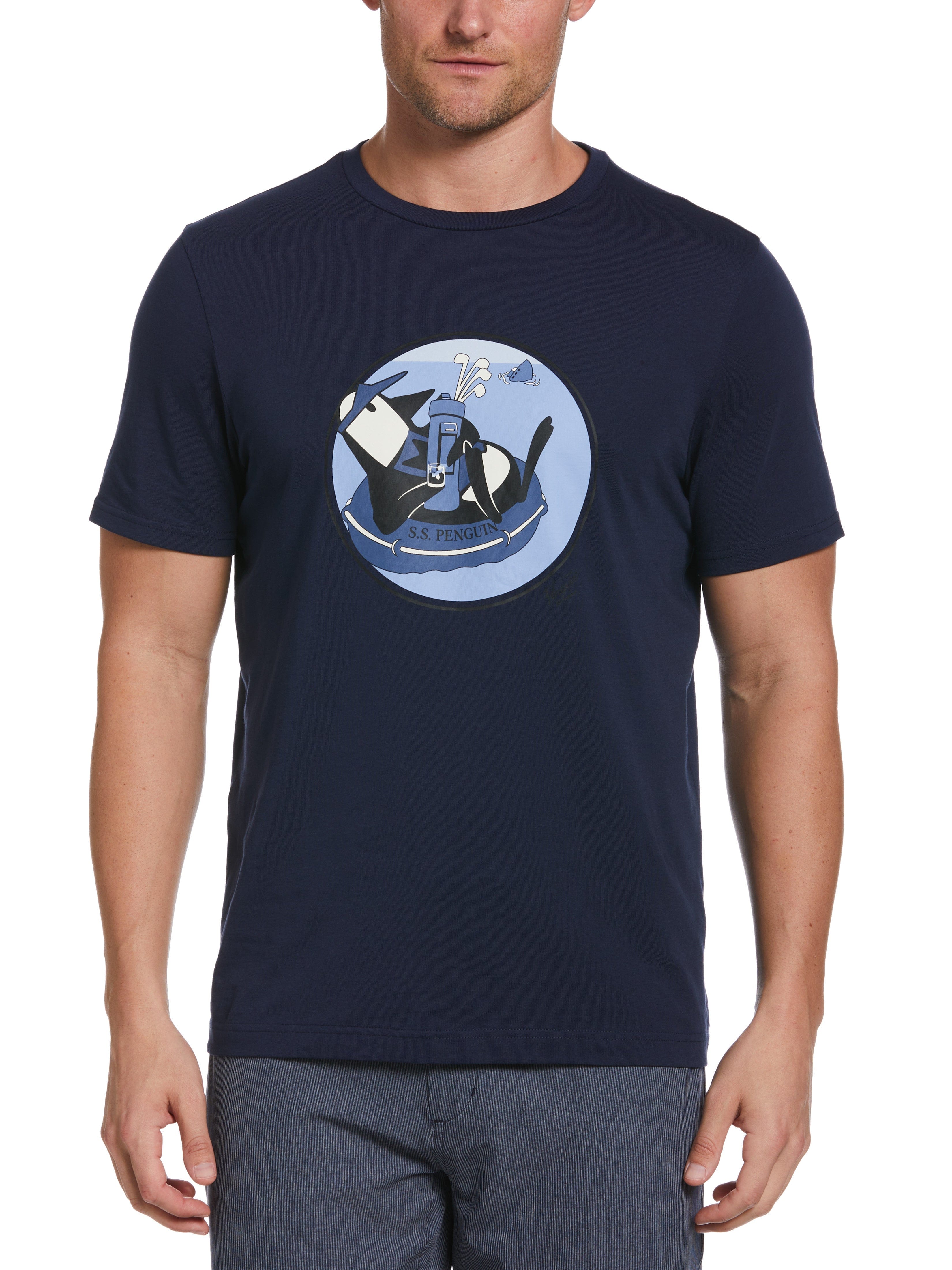 Original Penguin Mens Shipwreck Pete Graphic Golf T-Shirt, Size Small, Dark Navy Blue, 100% Cotton | Golf Apparel Shop