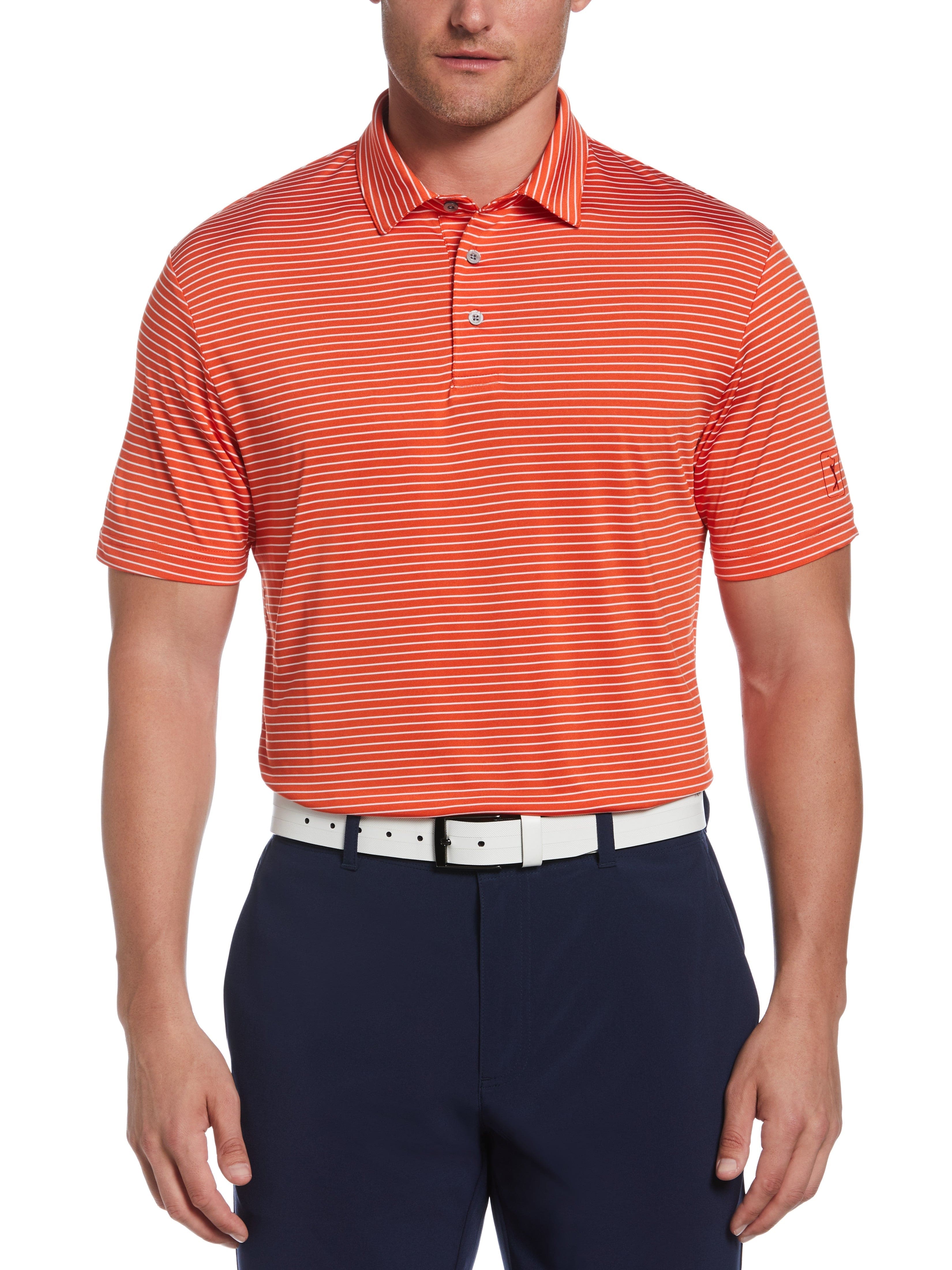 PGA TOUR Apparel Mens Single Feeder Stripe Golf Polo Shirt, Size Large, Tangerine Tango Orange, 100% Polyester | Golf Apparel Shop