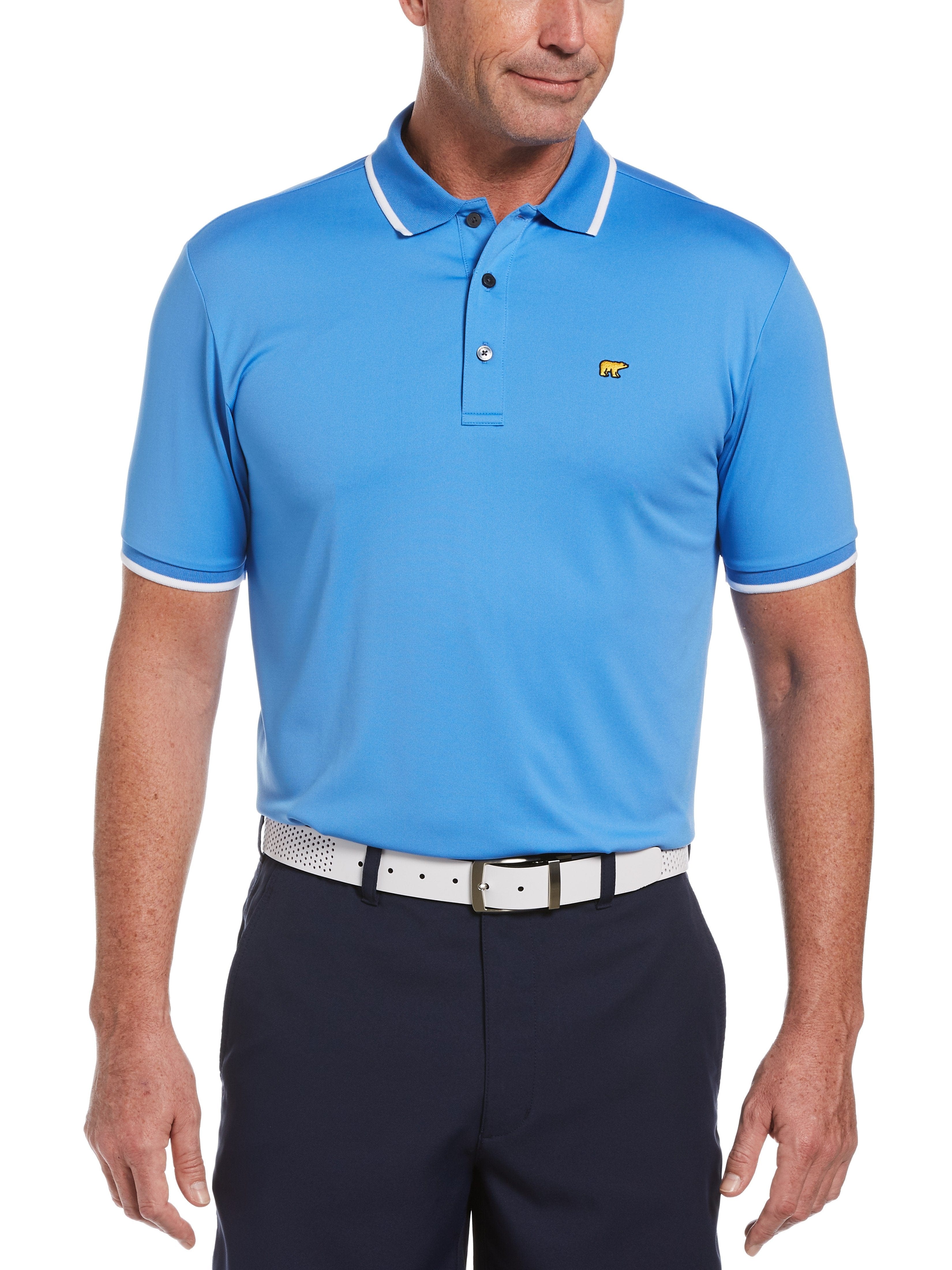 Jack Nicklaus Mens Solid Golf Polo Shirt w/ Cuff Tipping, Size Large, Blue Perennial, 100% Polyester | Golf Apparel Shop