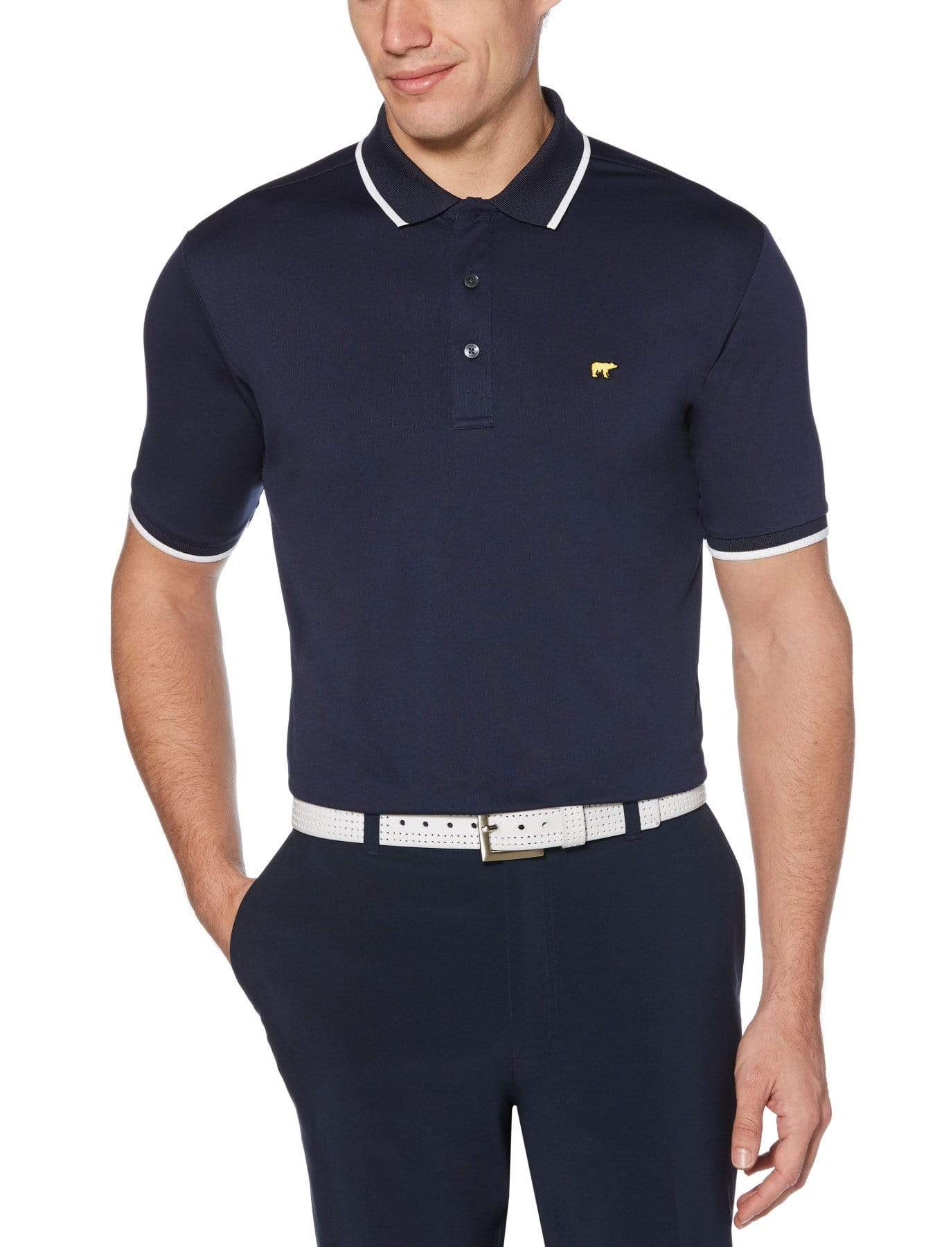 Jack Nicklaus Mens Solid Golf Polo Shirt w/ Cuff Tipping, Size Medium, Classic Navy Blue, 100% Polyester | Golf Apparel Shop