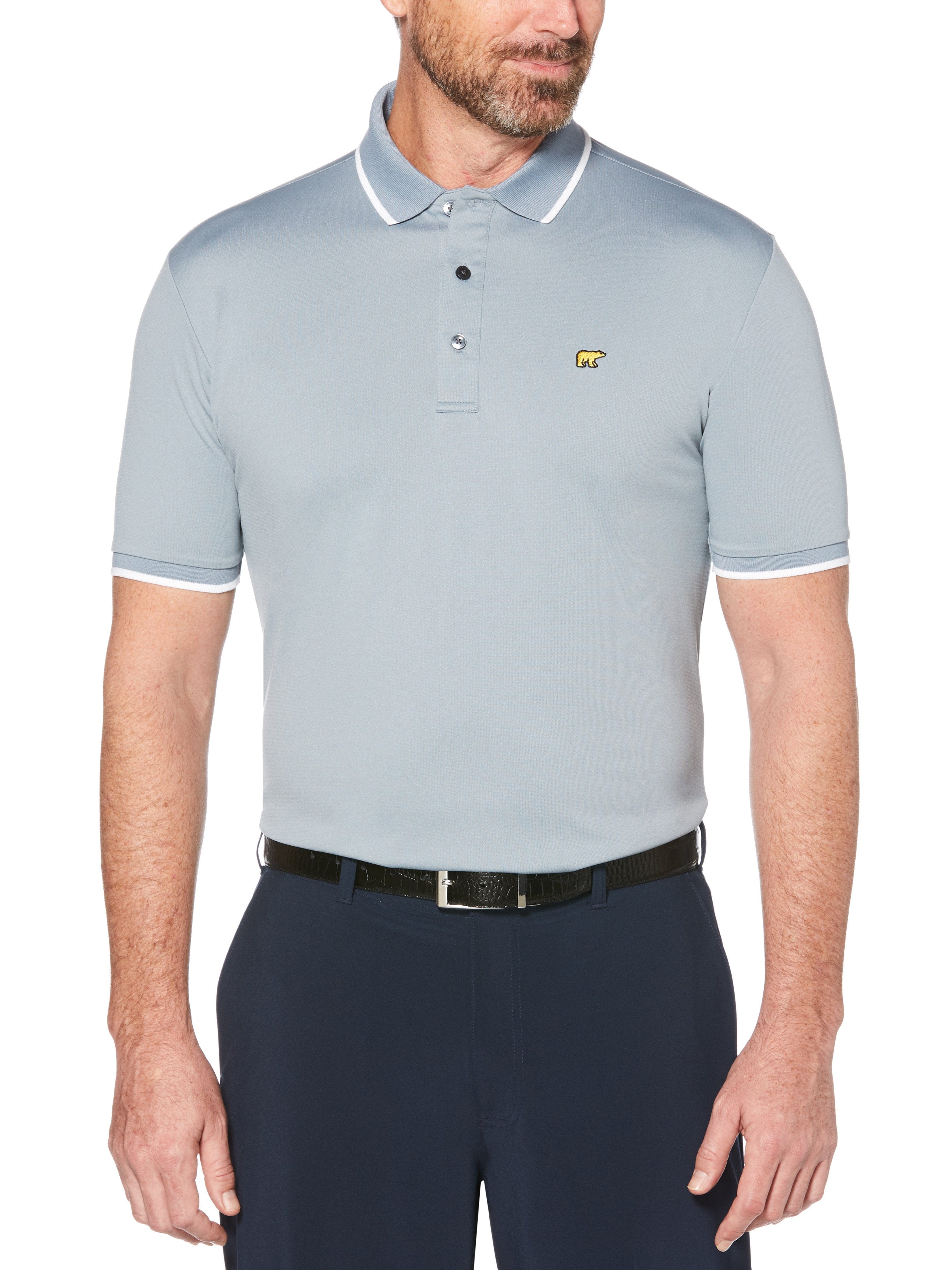 Jack Nicklaus Mens Solid Golf Polo Shirt w/ Cuff Tipping, Size 2XL, Tradewinds Gray, 100% Polyester | Golf Apparel Shop