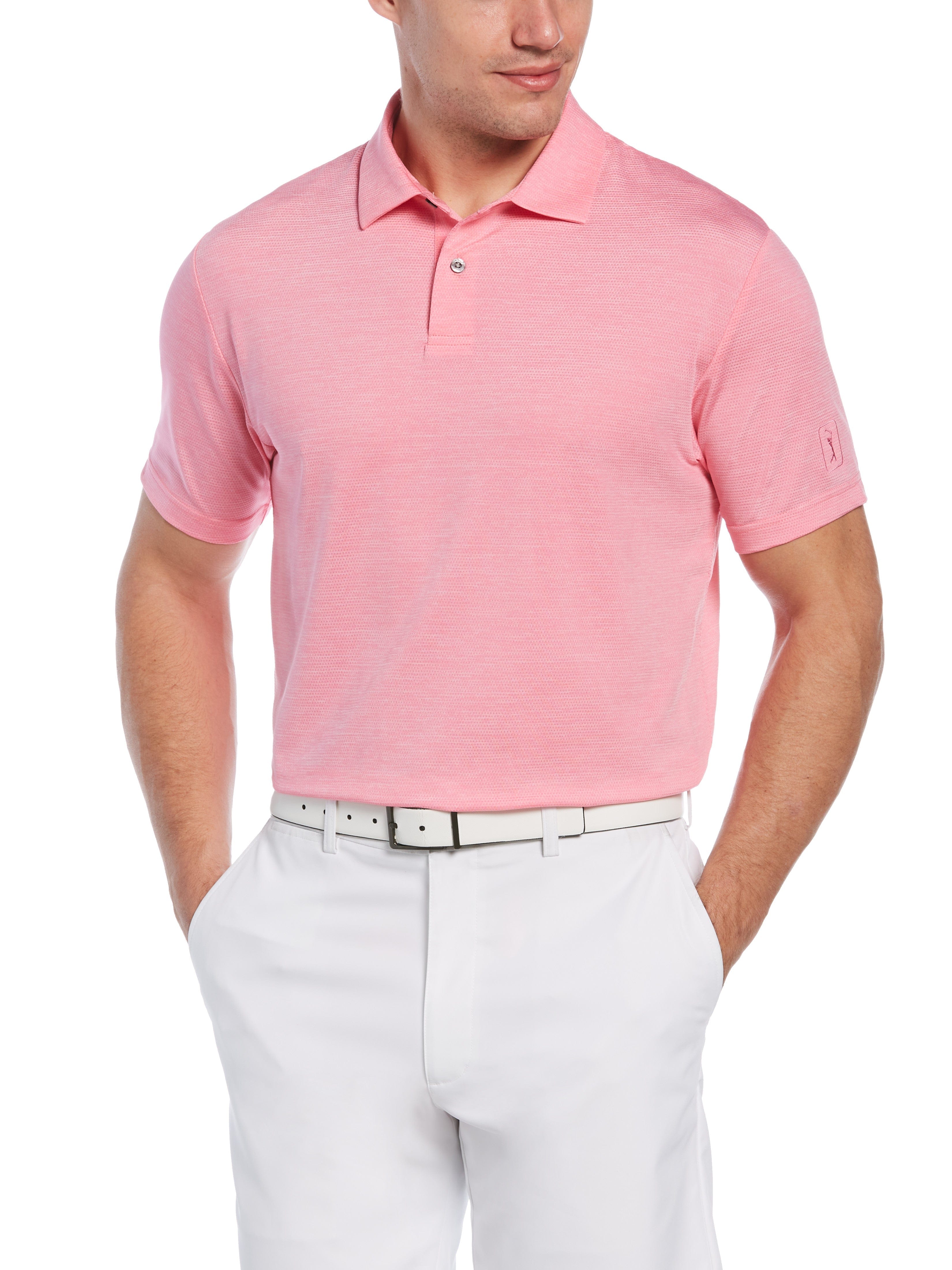 PGA TOUR Apparel Mens Space Dye Texture Golf Polo Shirt, Size 2XL, Carnation Heather Pink | Golf Apparel Shop