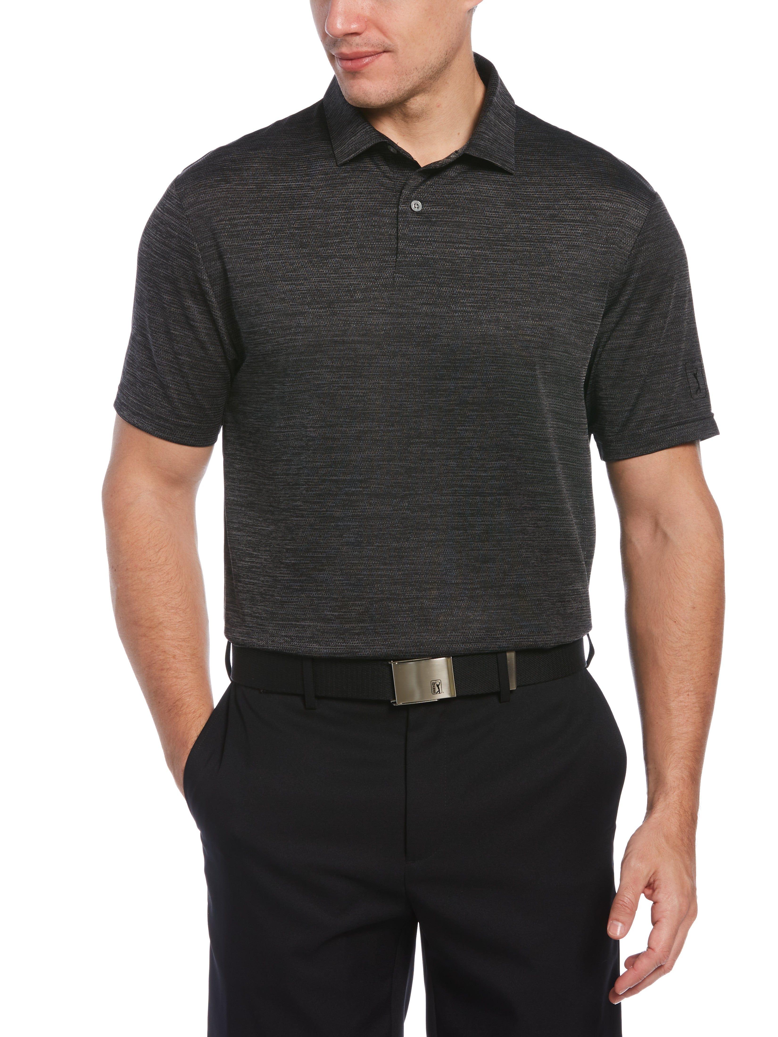 PGA TOUR Apparel Mens Space Dye Texture Golf Polo Shirt, Size Medium, Caviar Heather Black, 100% Polyester | Golf Apparel Shop