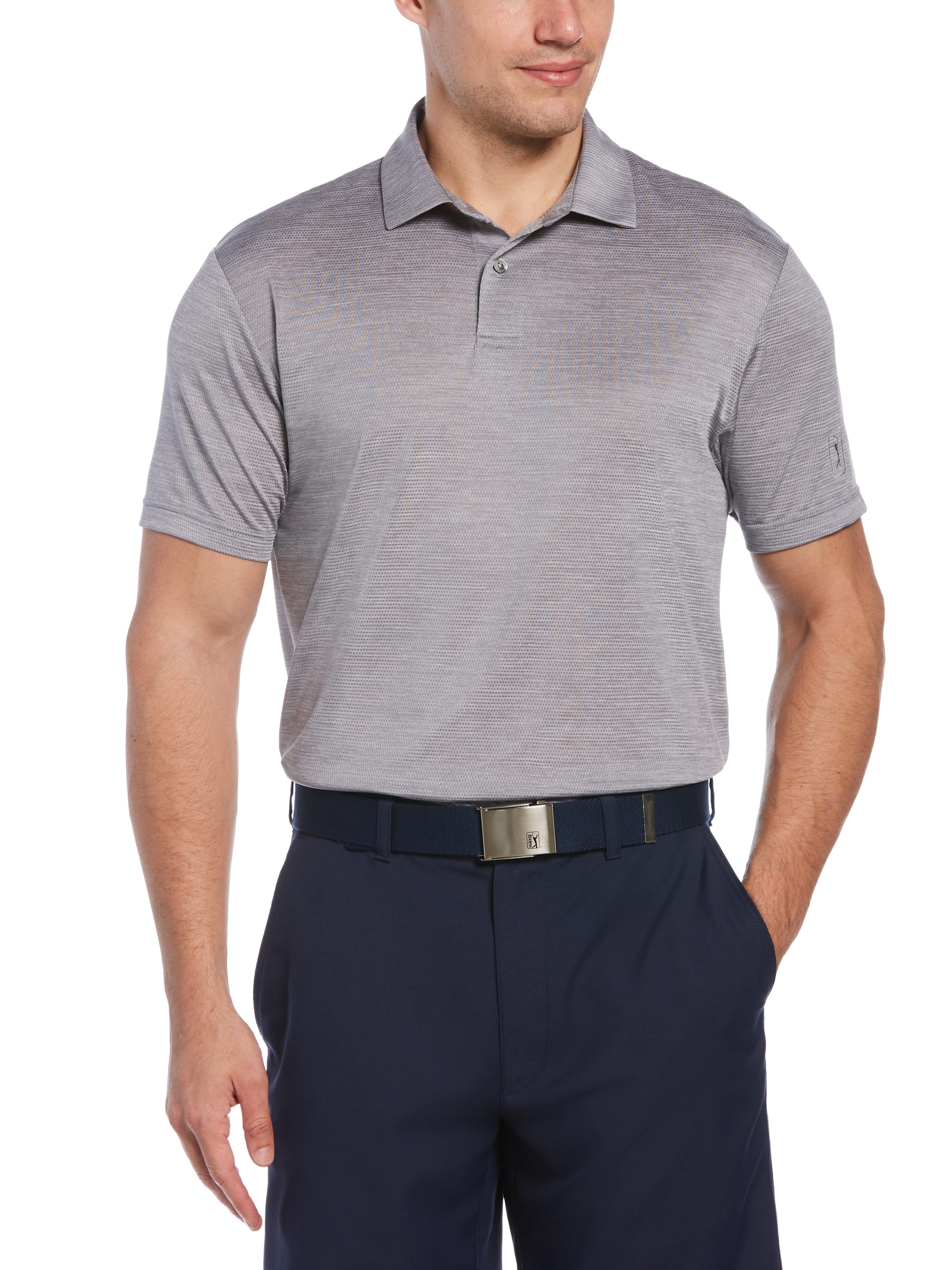 PGA TOUR Apparel Mens Space Dye Texture Golf Polo Shirt, Size Large, Tradewinds Heather Gray, 100% Polyester | Golf Apparel Shop