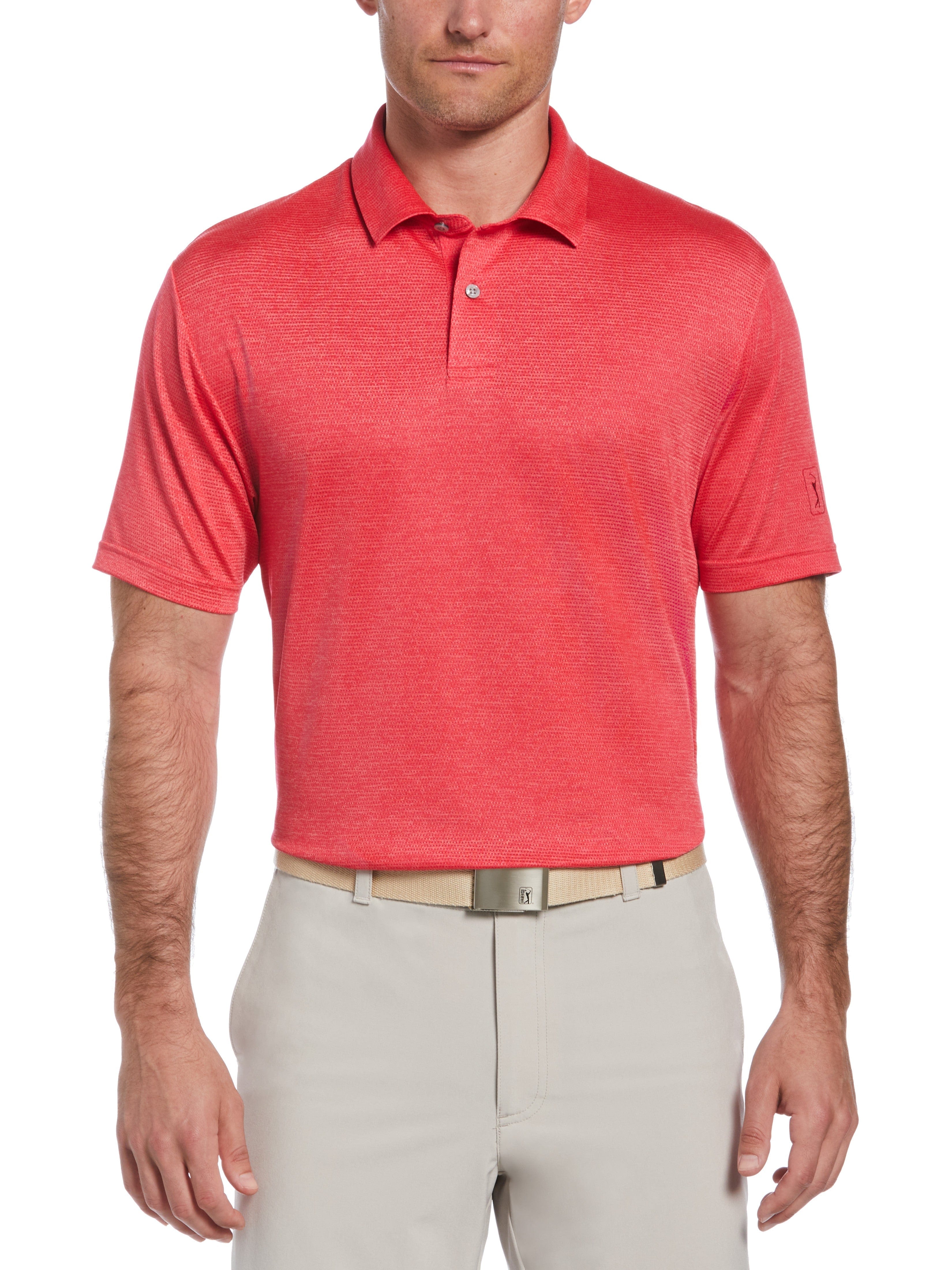 PGA TOUR Apparel Mens Space Dye Texture Golf Polo Shirt, Size Large, Virtual Pink Heather, 100% Polyester | Golf Apparel Shop