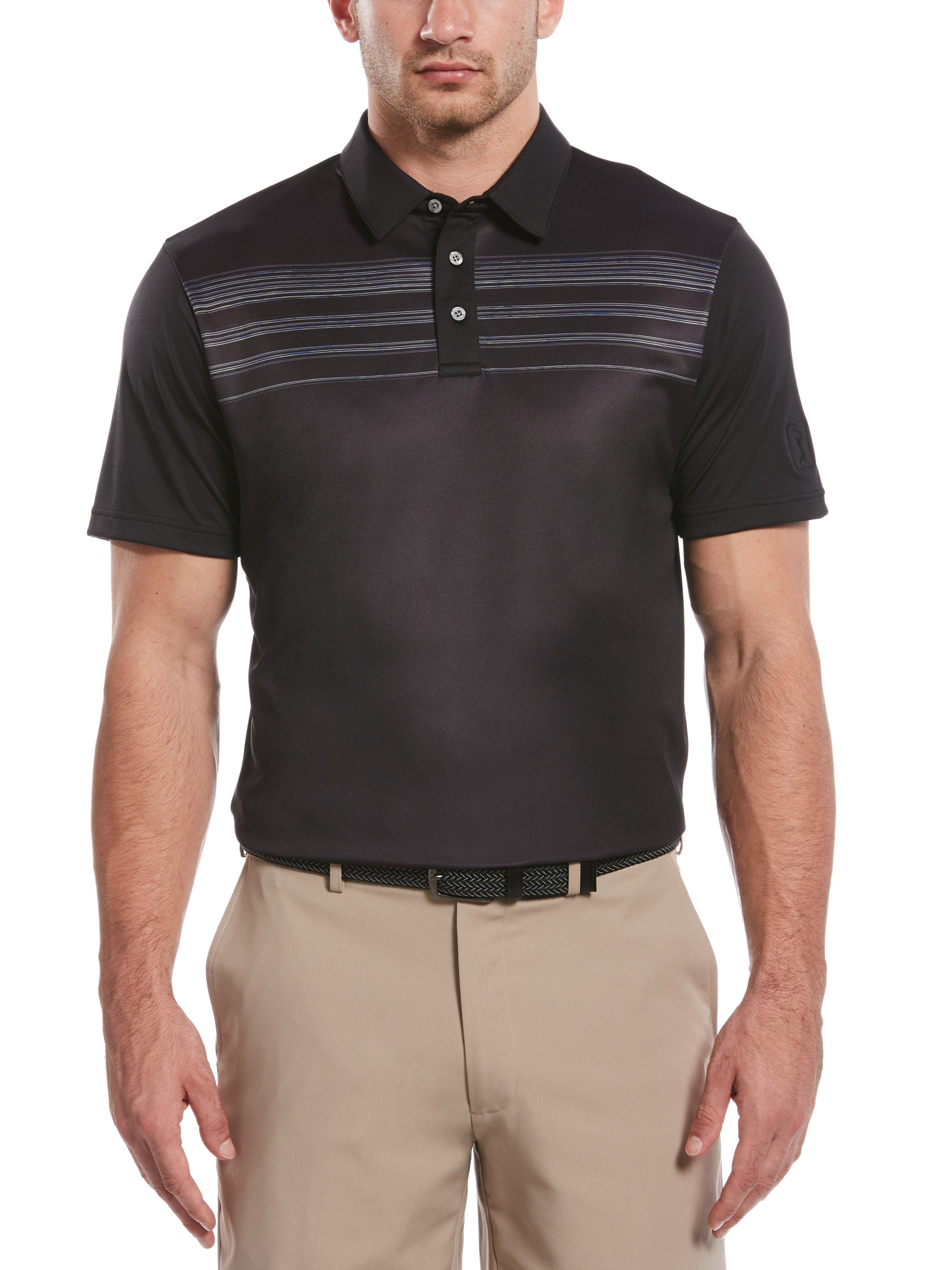 PGA TOUR Apparel Mens Space Dyed Chest Stripe Polo Shirt, Size Large, Black, 100% Polyester | Golf Apparel Shop