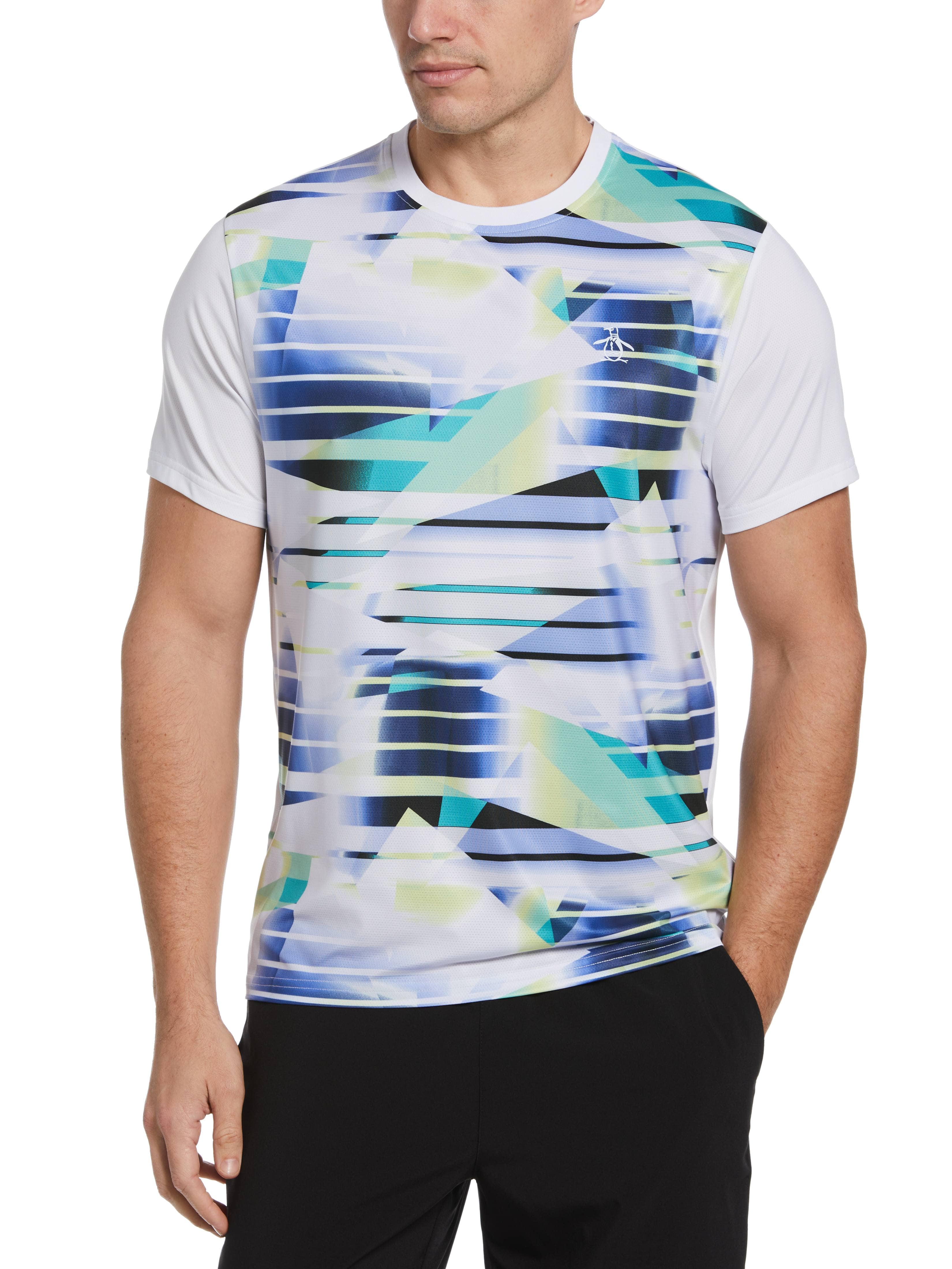 Original Penguin Mens Spliced Energy Stripe T-Shirt, Size Medium, White, Polyester/Recycled Polyester/Elastane | Golf Apparel Shop